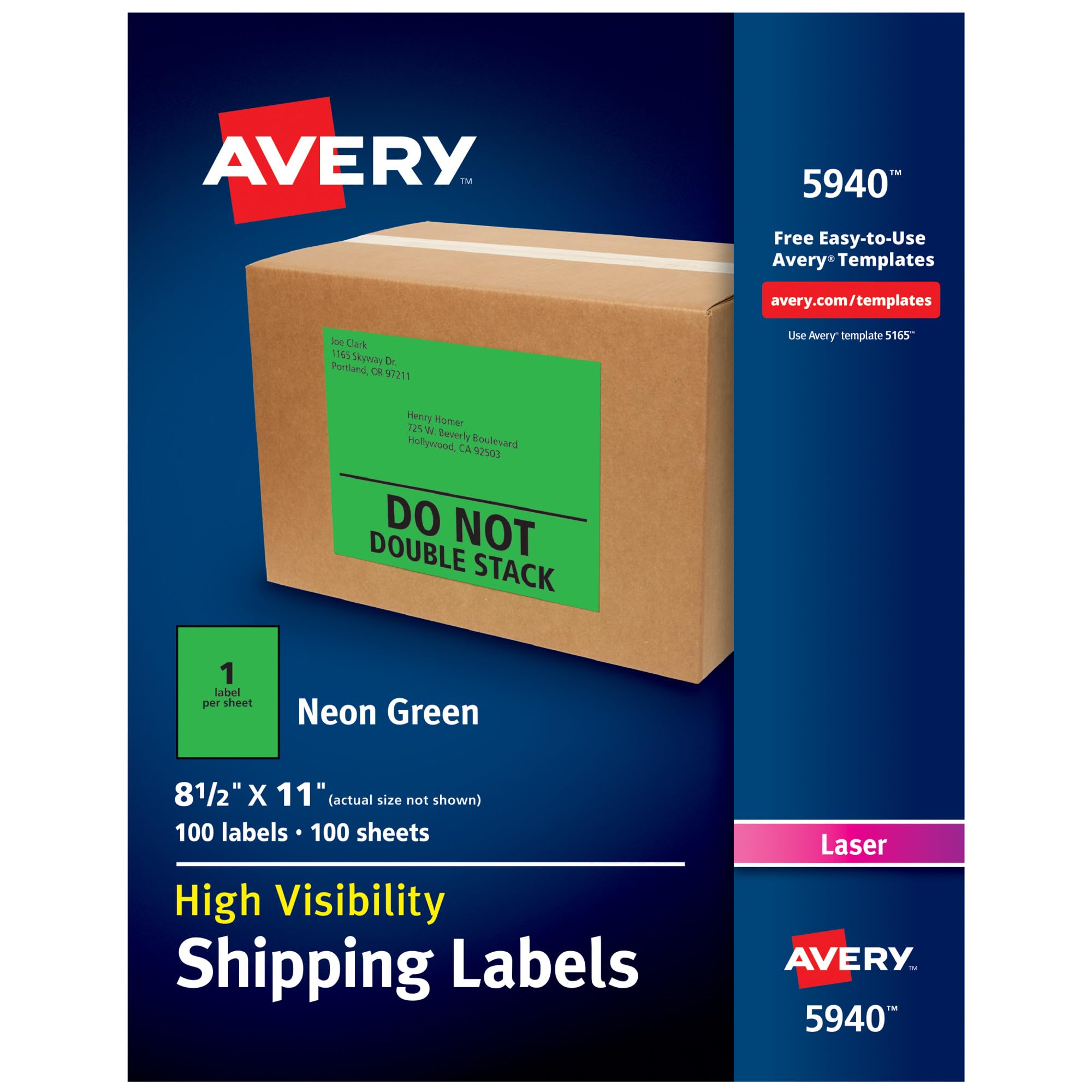 Avery Neon Green Shipping Labels for Laser Printers, 8.5