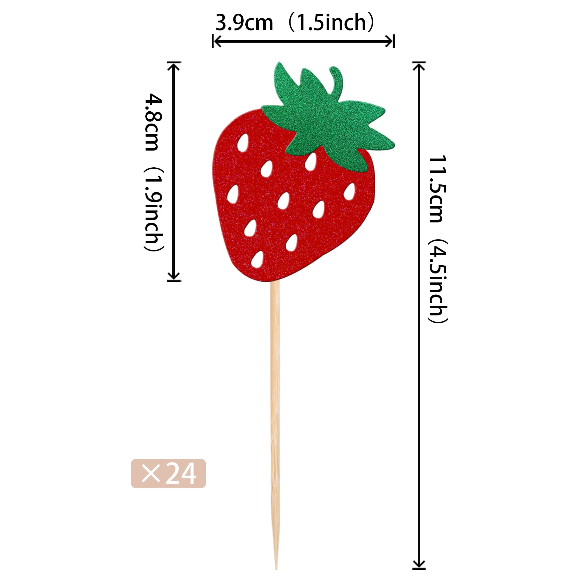24 PCS Red Glitter Strawberry Cupcake Toppers - Fruit Theme Cake Decorations for Baby Showers, Kids Birthday Parties, Summer Desserts & Sweet Treats - Berry Picks for Baking, DIY Cake Decorating & Party Supplies