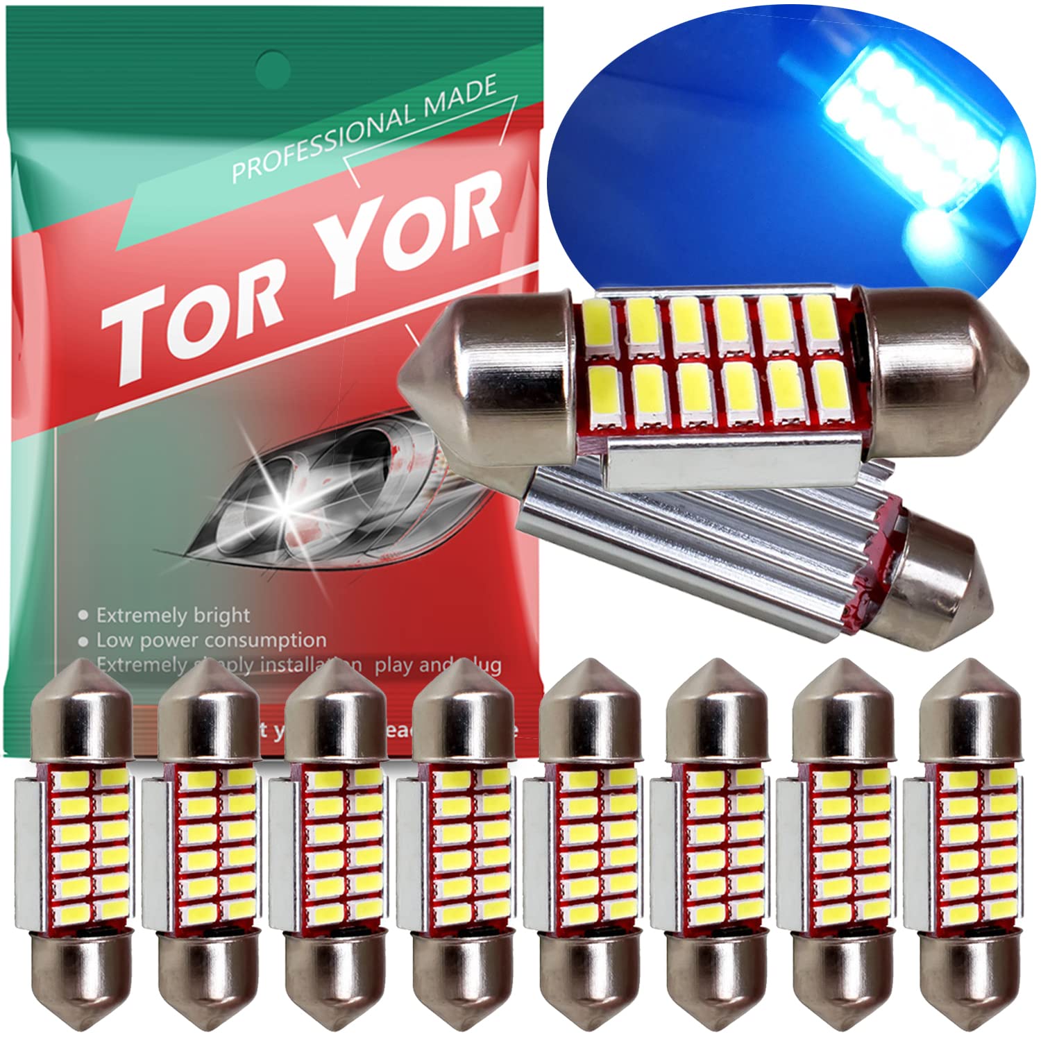 578 LED Festoon Bulb - 41mm/42mm Super Bright Blue CANBUS Error Free - 12 SMD 4014 Chipsets - Interior Dome Light & License Plate Light - Perfect for Car, Boat, RV Interior Lighting Upgrade