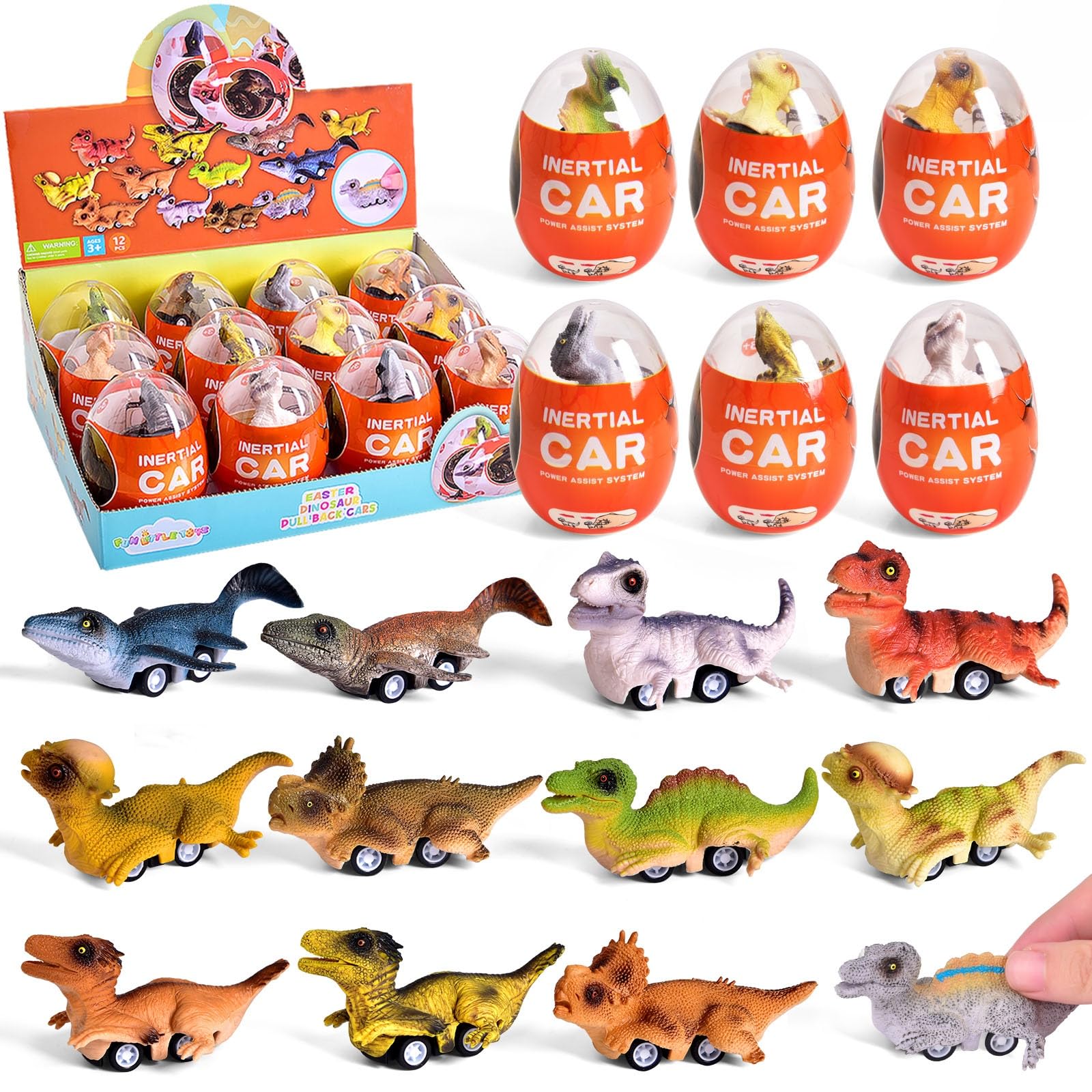 12 Pack Pull Back Dinosaur Toy Cars for Kids Ages 3-7 - Fun Dino Race Set for Boys & Girls - Birthday Party Favors, Goodie Bag Fillers & Preschool Learning Toys - Great for Indoor Play, Gift Giving & Imaginative Playtime