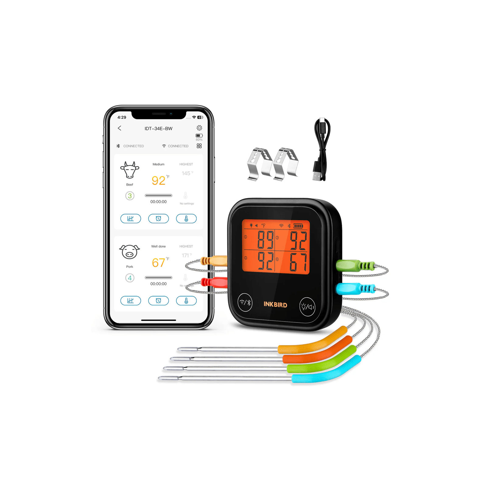 IDT 34E BW Smart Wireless BBQ Meat Thermometer with WiFi & Bluetooth - Perfect for Grilling, Smoking, and Outdoor Cooking