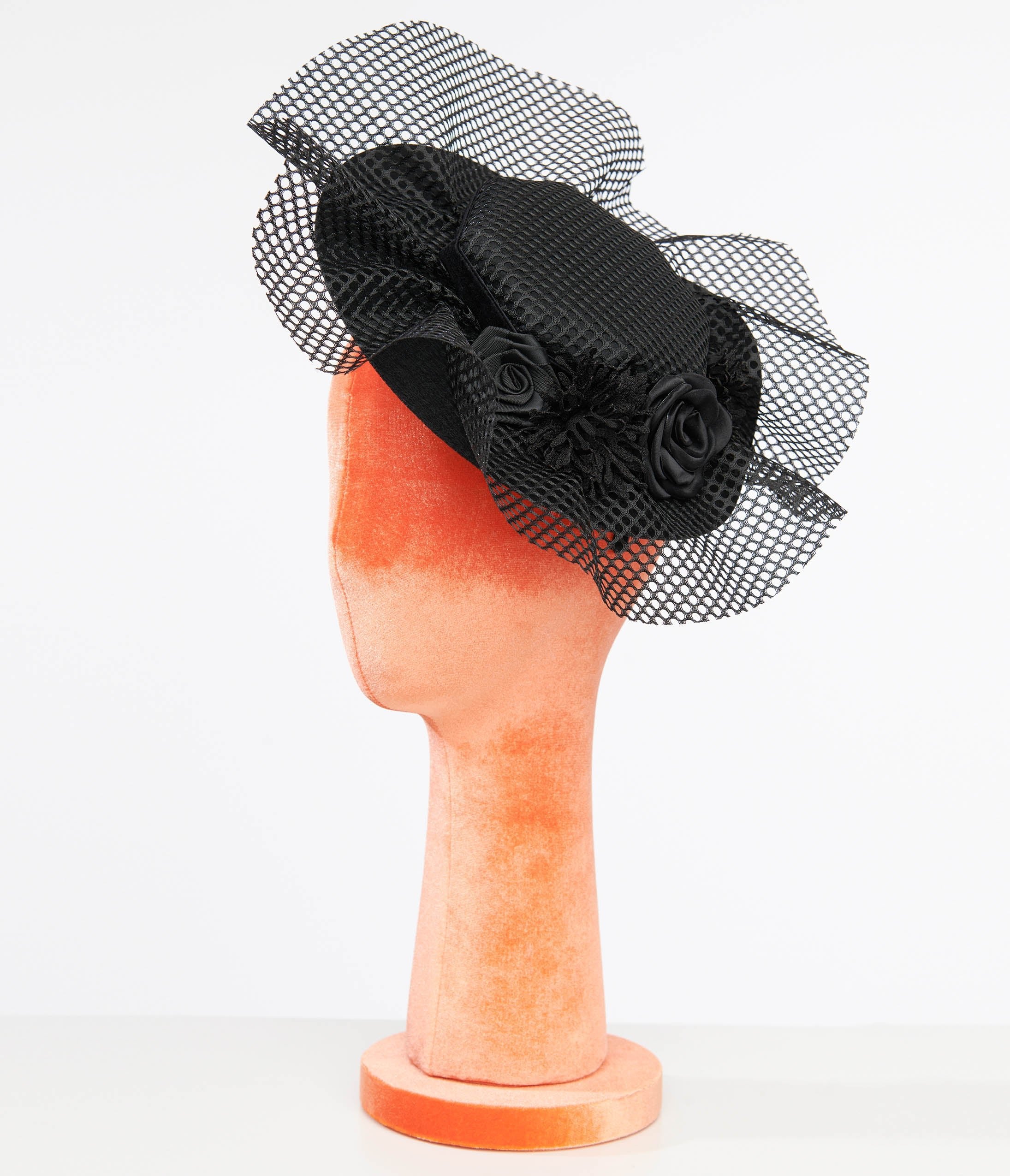 Vintage 1930s Black Floral Lace Mesh Fascinator Hat - Retro Headpiece for Women's Tea Parties, Weddings & Special Occasions