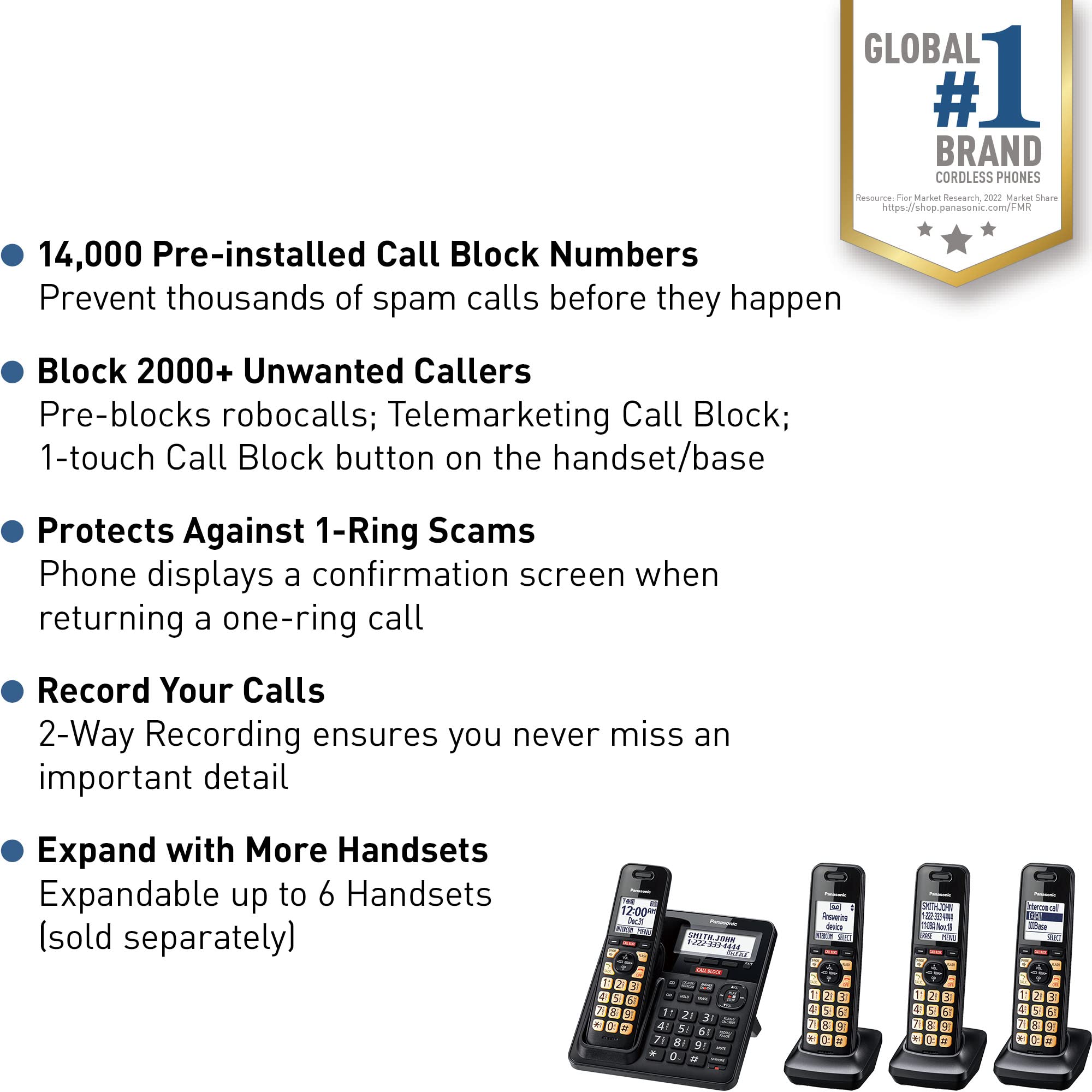 Panasonic KX-TGF944B 4-Handset Cordless Phone System with Call Block, Scam Alert, 2-Way Recording & Answering Machine - Black | Ideal for Home & Small Business Use