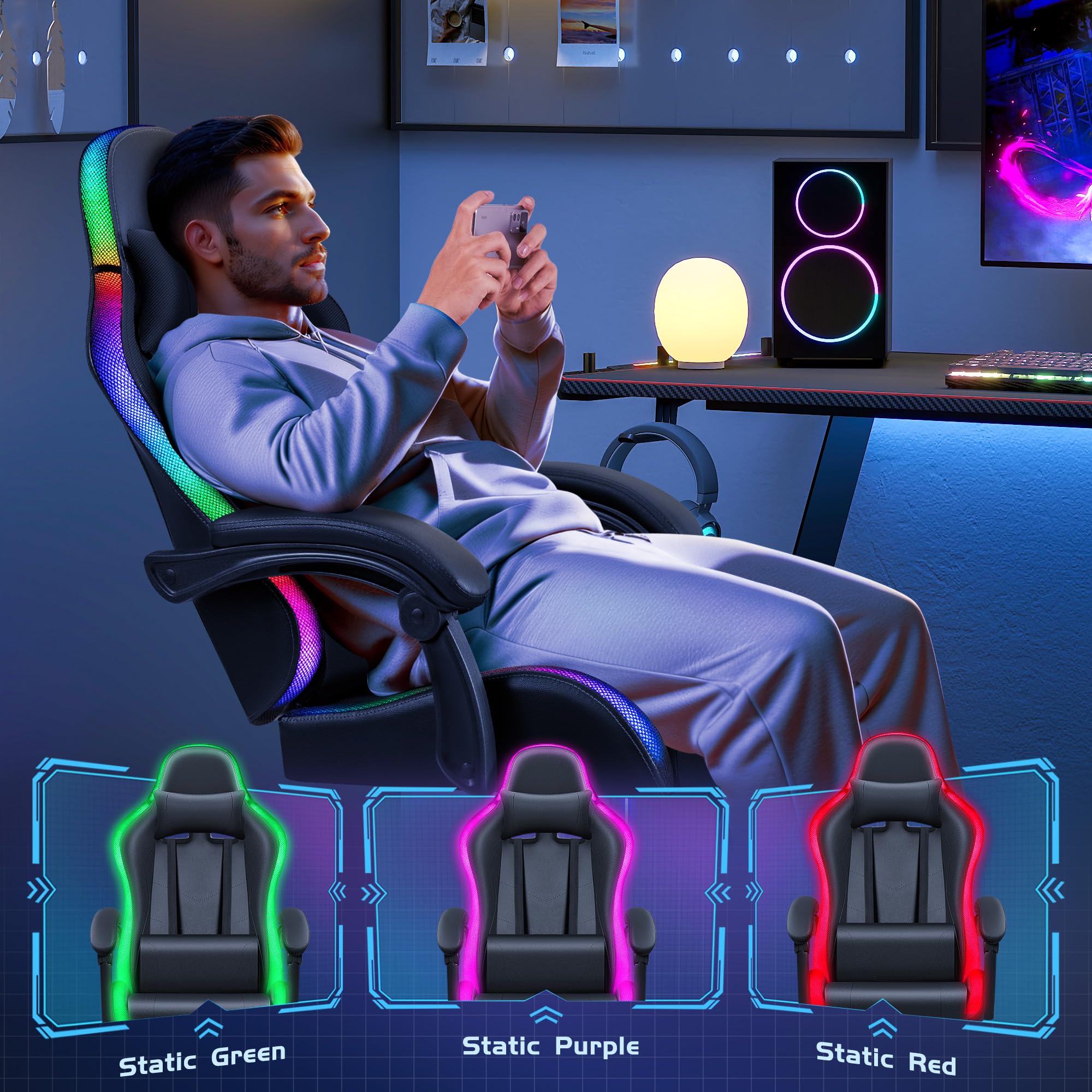 Furmax Ergonomic Gaming Chair with RGB LED Lights, Massage & Footrest - High Back Reclining Computer Chair with Headrest & Lumbar Support - Swivel Gamer Chair for PC, Console & Office (LED Black) - Perfect for Esports, Streaming & Long Gaming Sessions