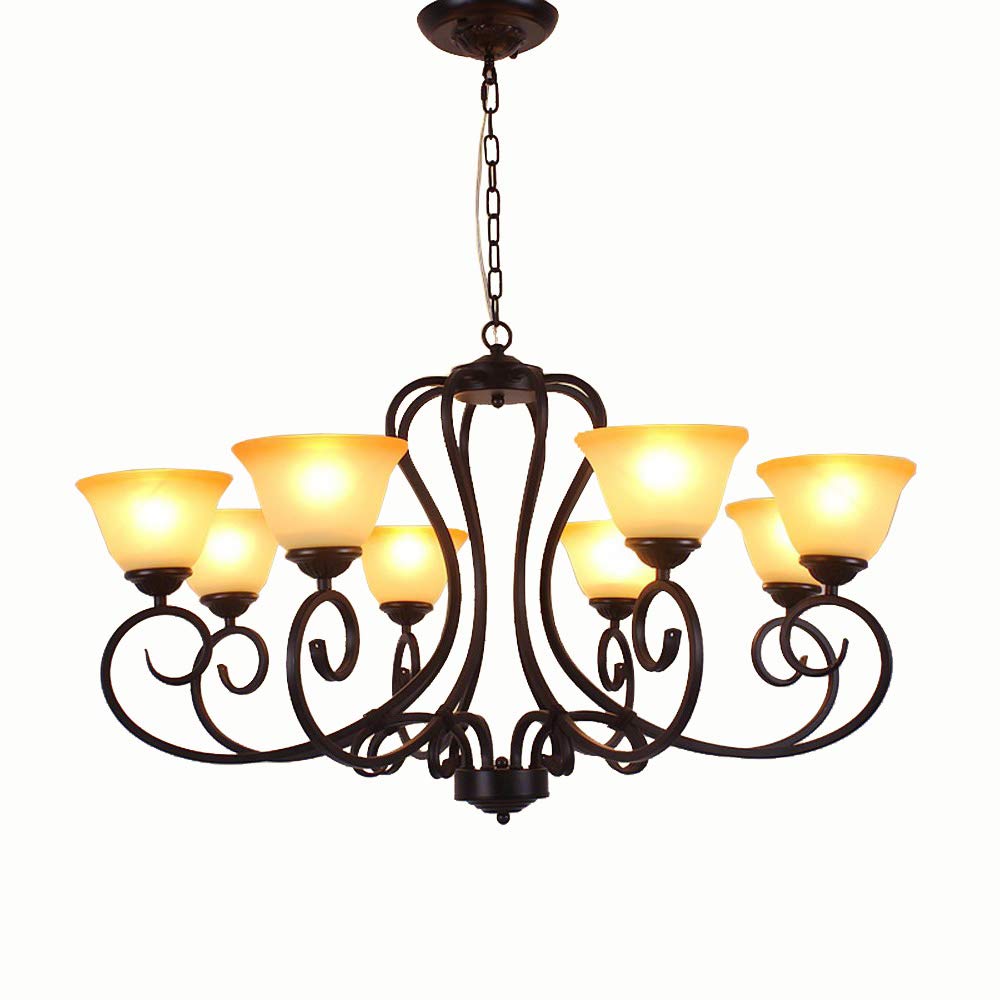 Vintage Black Metal Chandelier - Classic Restaurant & Country Dining Room Ceiling Pendant Light with Yellow Lampshade | Perfect for Living Room, Staircase & Meeting Room Lighting