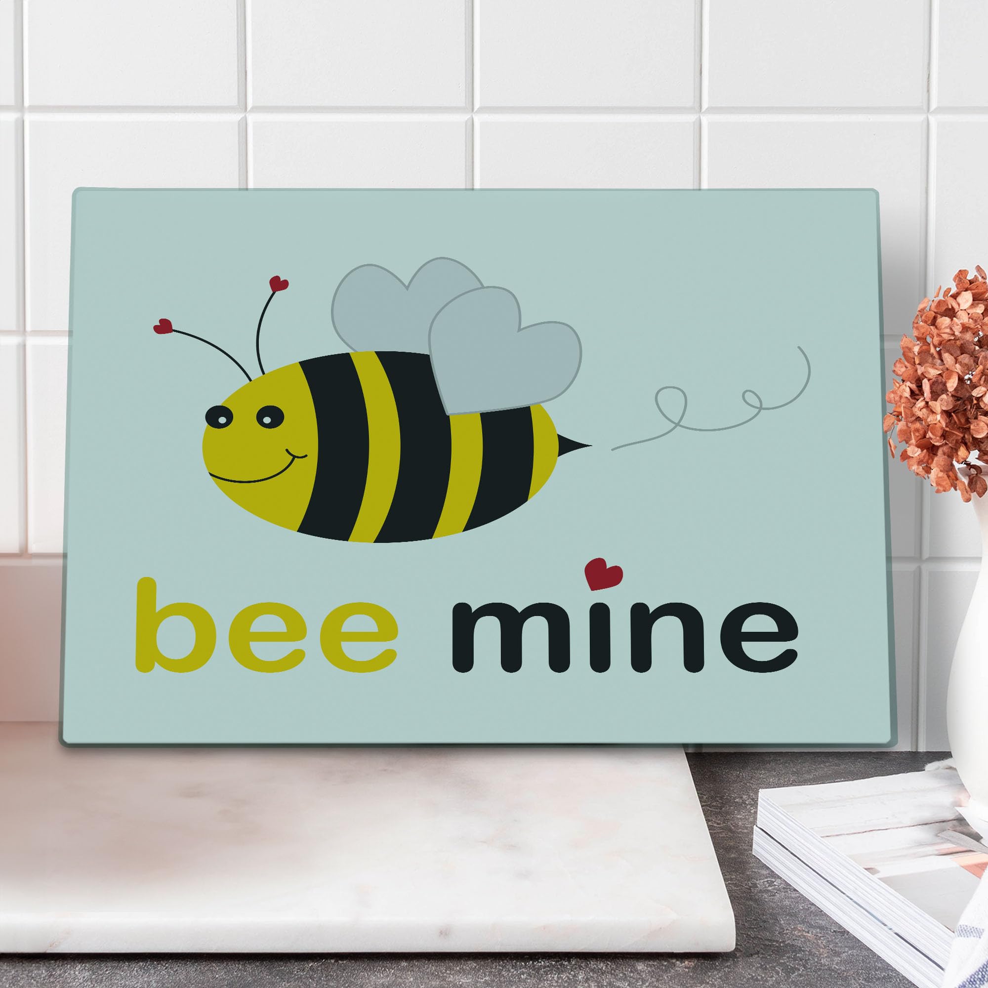 Ambesonne Honey Bee Cutting Board - Bee Mine Romantic Heart-Shaped Wings Design, Decorative Tempered Glass Serving Board for Kitchen & Dining - Large Size in Yellow, Charcoal Grey, Pale Grey & White - Perfect for Valentine's Day Gifts, Anniversary Presents & Home Decor