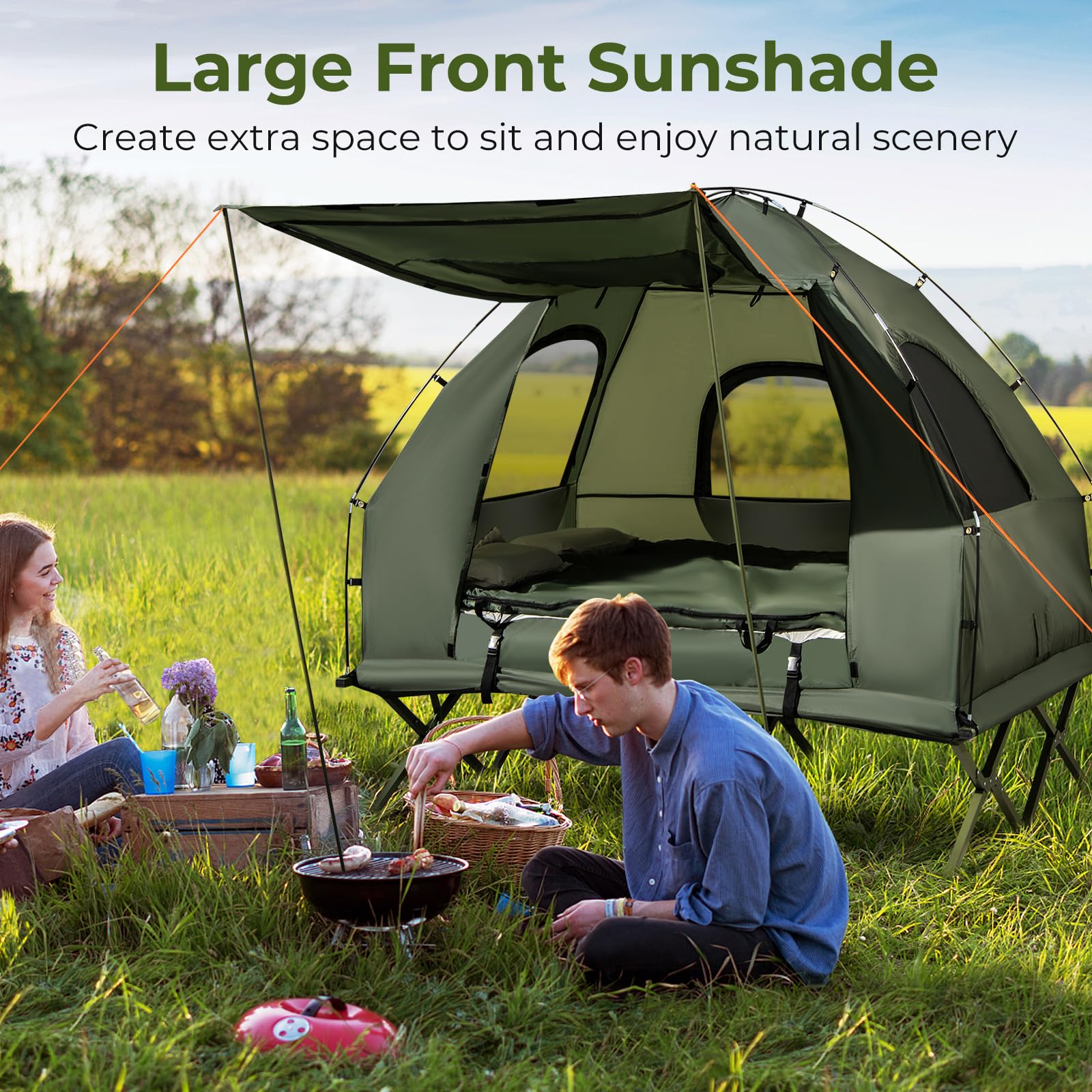 GYMAX 5-in-1 Folding Tent Cot with Mattress & Pillows - Portable Elevated Camping Bed with Sunshade and Carrying Bag - Perfect for Outdoor Adventures, Hiking, Fishing, Picnics and Backyard Camping
