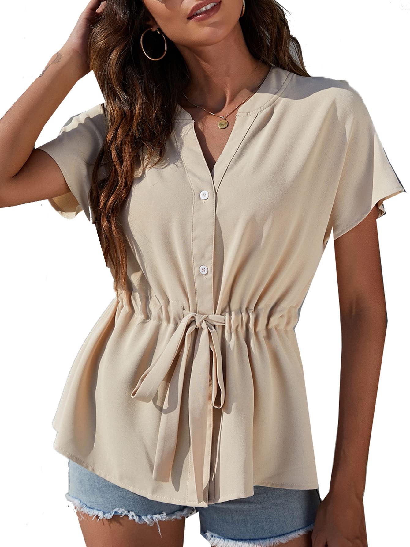 Romwe Women's Casual Summer Peplum Blouse - Button Down Chiffon Top for Work & Office Wear | Elegant Dressy Tops for Business, Dating & Special Occasions