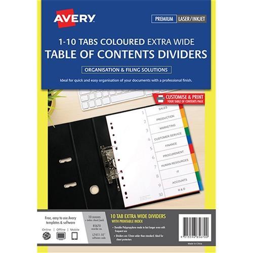Avery A4 Extra Wide Colored Index Dividers - 10 Tabs Set for Office Organization, School Binders & Filing Systems | Durable Multi-Tab Dividers for Documents & Paperwork