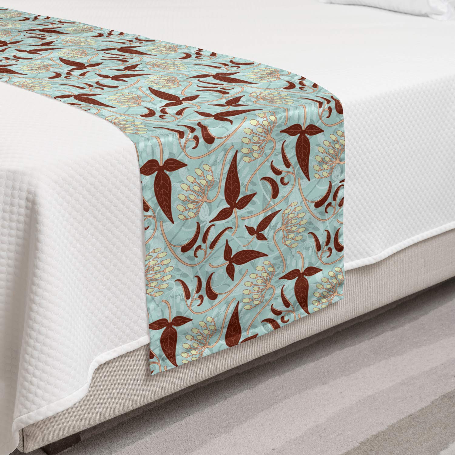Ambesonne Botanical Queen Bed Runner Set - Modern Floral Design with Petals & Buds, Decorative Bed Scarf & Pillow Sham for Hotels & Home Decor in Brown & Pale Blue | Perfect for Bedroom Styling, Guest Room Accents & Luxury Hotel Bedding