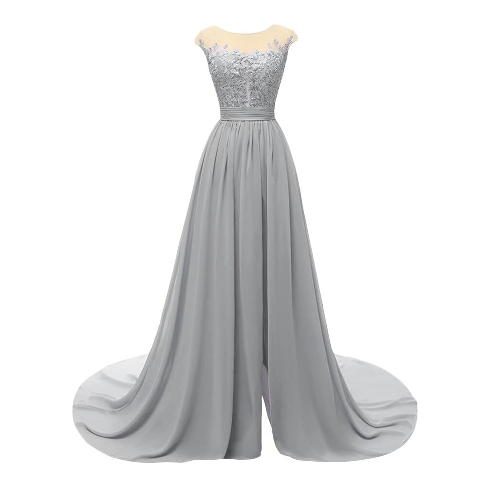 Elegant Women's Lace Sheer Chiffon Wedding Bridesmaid Dress - Long Formal Evening Gown with High Slit for Weddings, Proms, Galas & Special Occasions