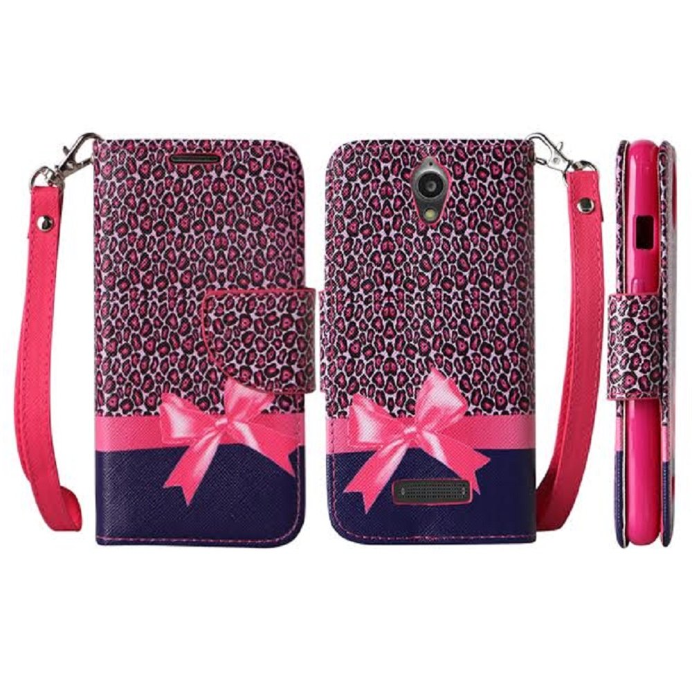 SOGA ZTE Obsidian Z820 Wallet Case - PU Leather Magnetic Flip Cover with Card Slots & Stand Feature for T-Mobile ZTE Obsidian Z820 (Pink Leopard Ribbon Design) - Perfect for Business, Travel and Daily Use