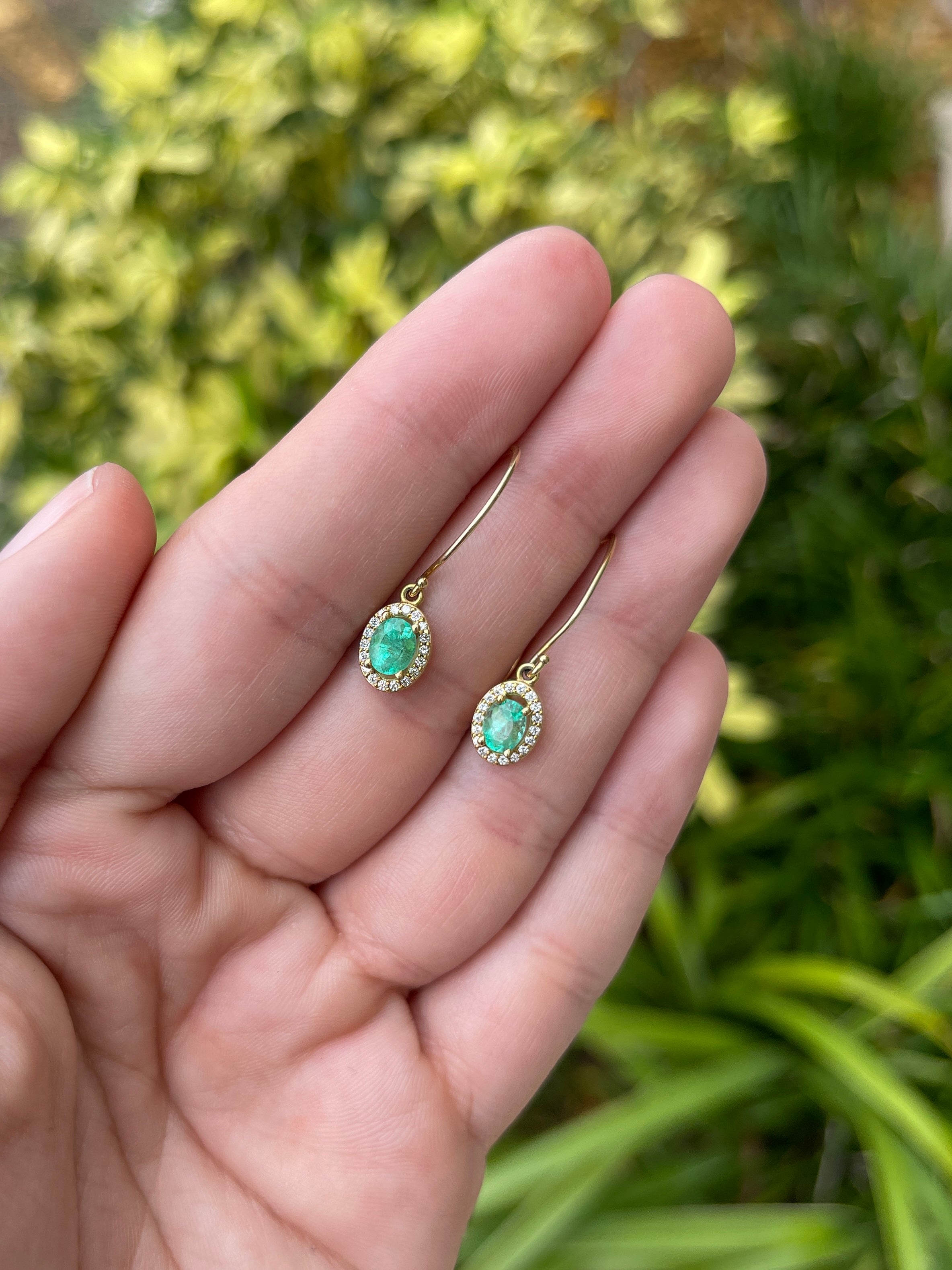 1.18tcw Oval Emerald & Diamond Halo 14K Gold Wire Earrings for Women - Elegant Dangle Earrings for Wedding, Party & Special Occasions