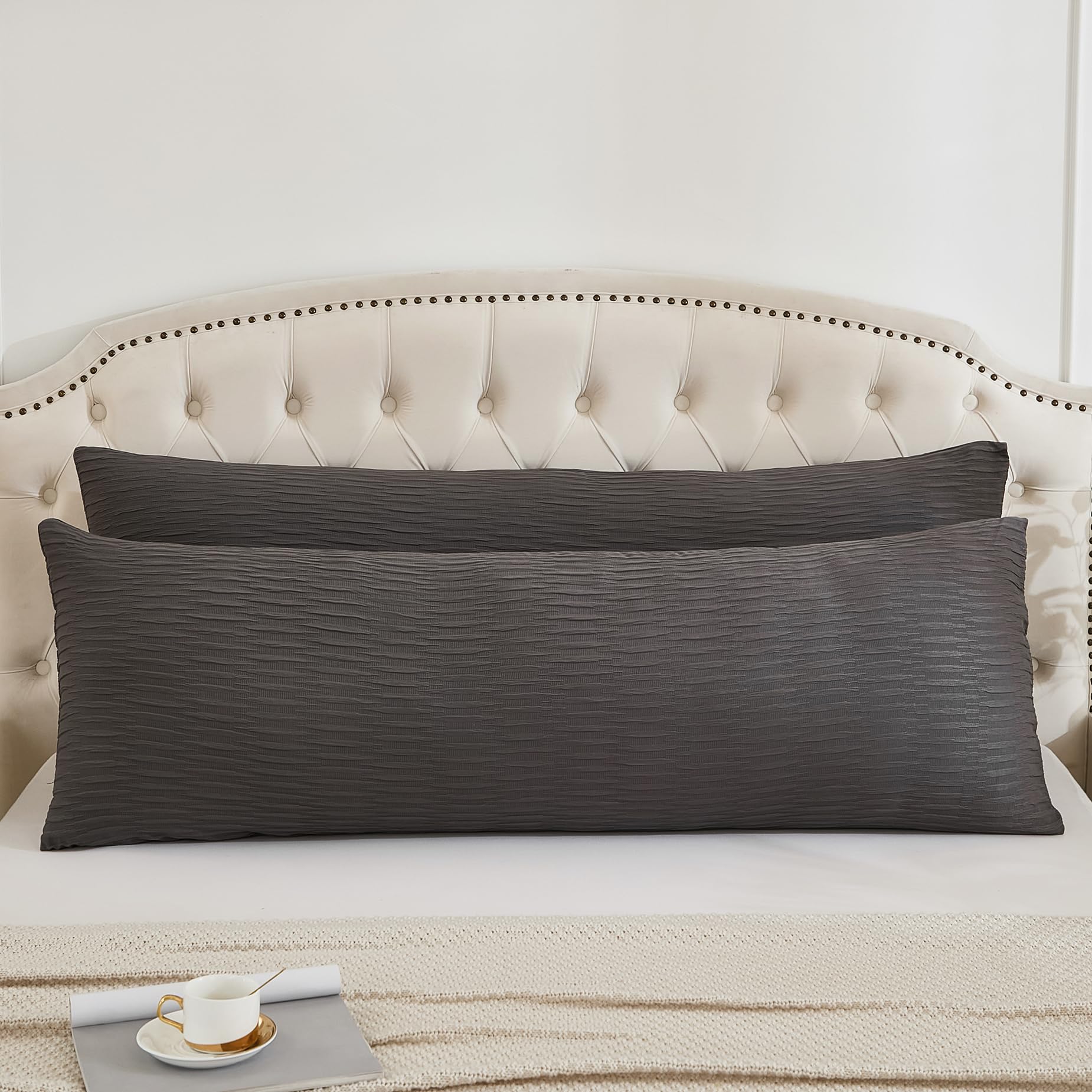 Seersucker Crinkle Textured Body Pillow Covers - 2 Pack Soft Lightweight All-Season Pillow Cases (20x54 Inches, Gray) for Bedroom, Couch, Sofa & Travel Comfort