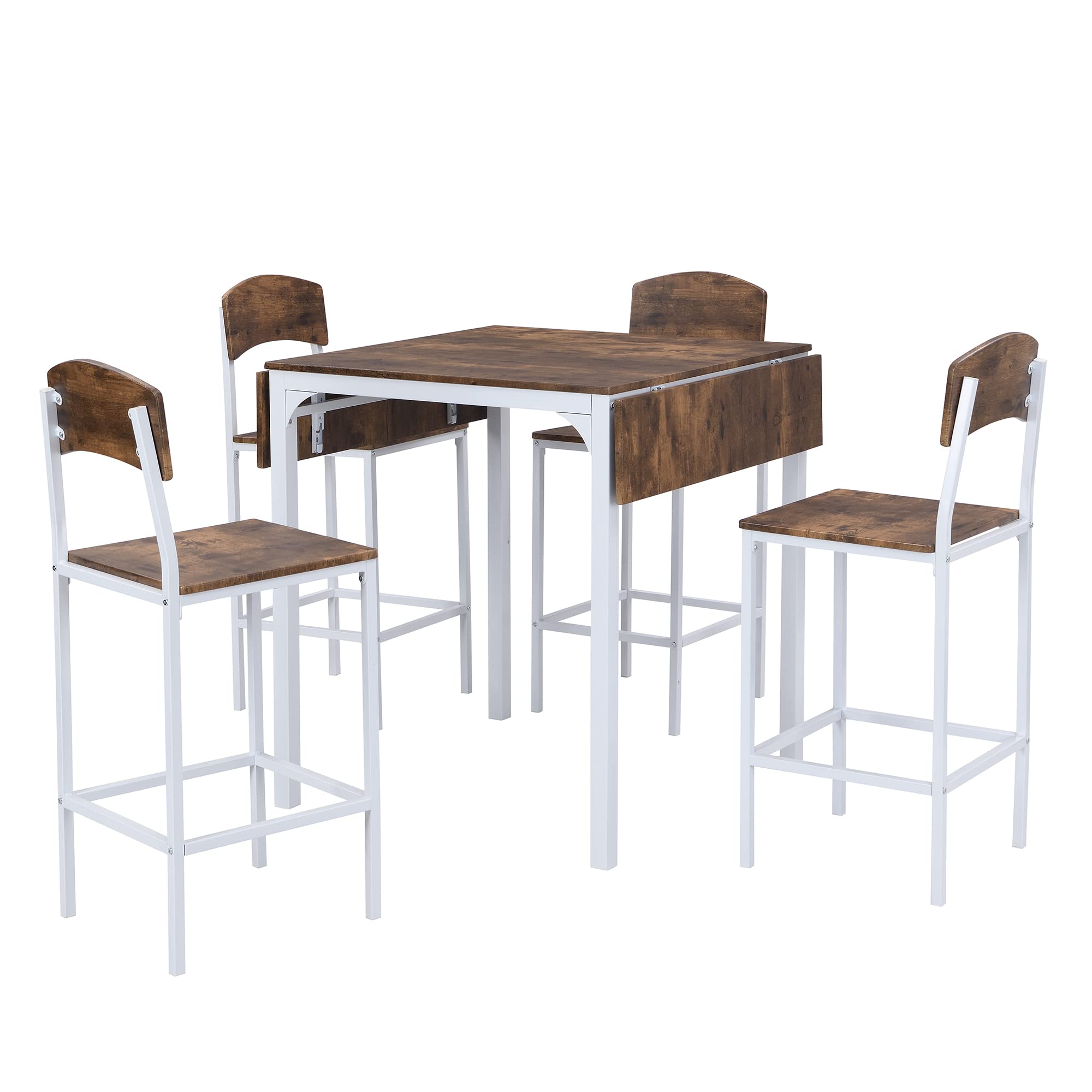 P PURLOVE 5-Piece Farmhouse Style Counter Height Dining Set - Solid Wood Drop Leaf Table & 4 Chairs - Rustic Kitchen & Dining Room Furniture for Small Spaces, Breakfast Nooks, and Cozy Gatherings