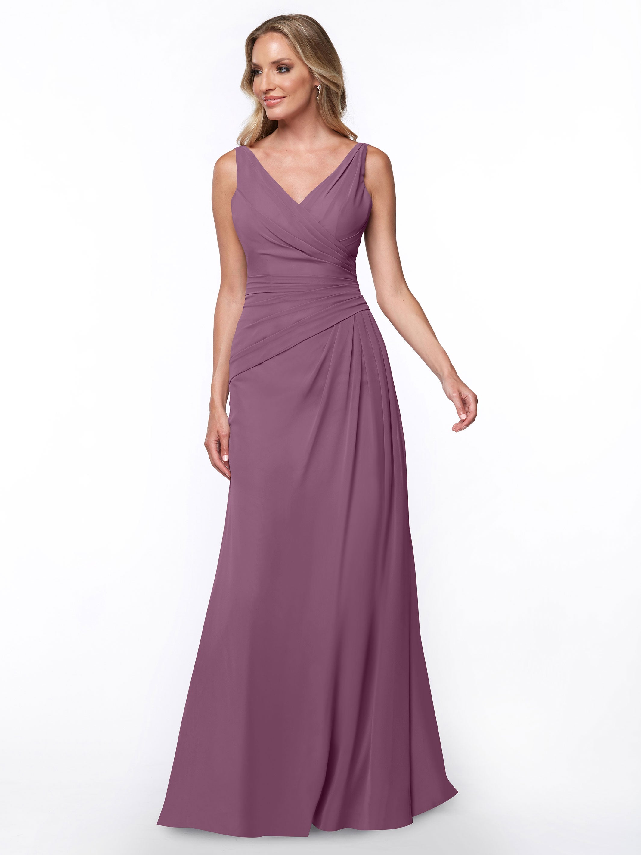 Elegant 80030 Chiffon Sheath Bridesmaid Dress with Ruching V-Neck Bodice - Perfect for Weddings, Formal Events & Special Occasions
