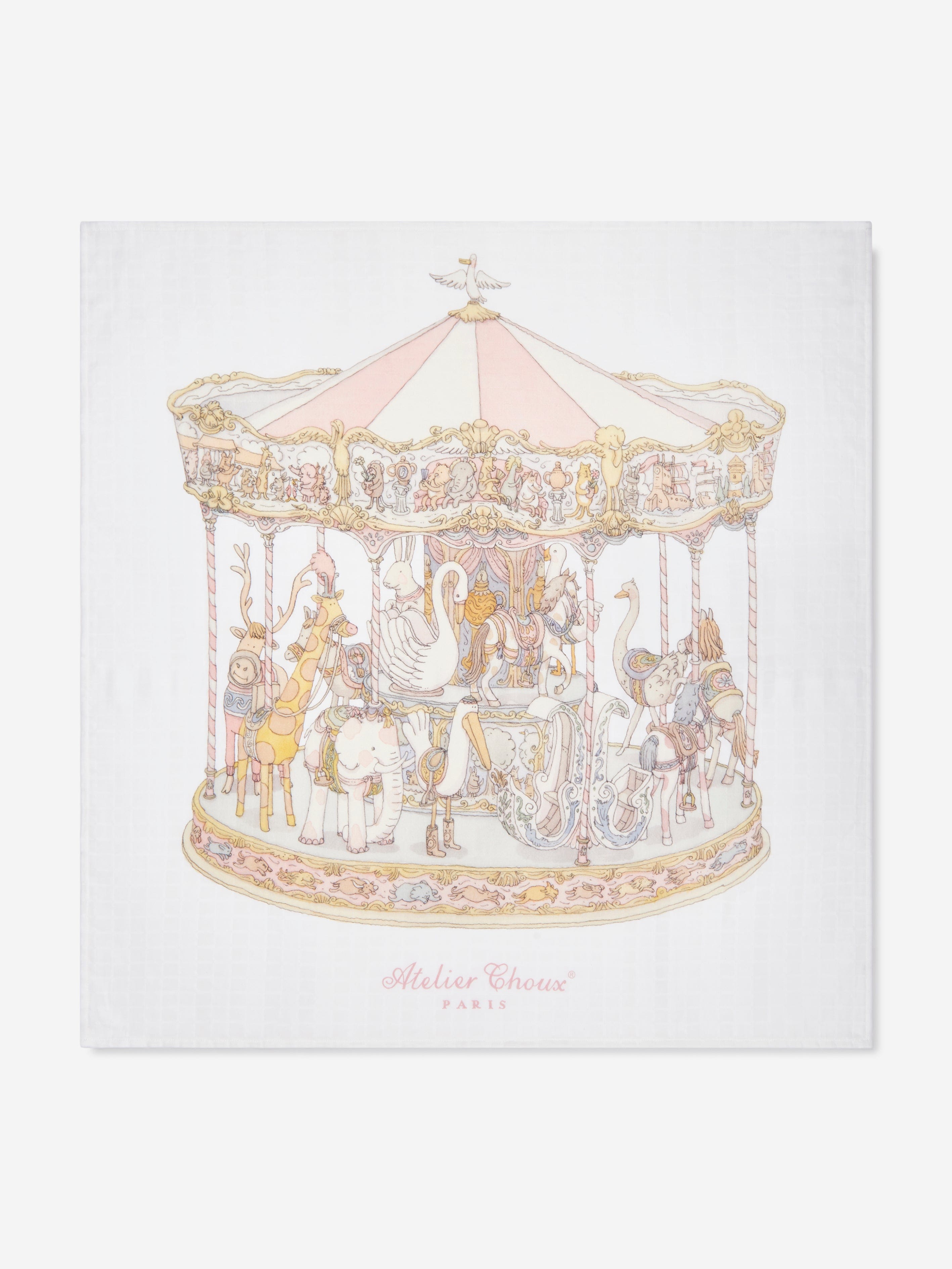 Atelier Choux Baby Girls Carousel Swaddle & Satin Bib Gift Set - Pink | Newborn Photography, Baby Shower Gift, Nursery Decor