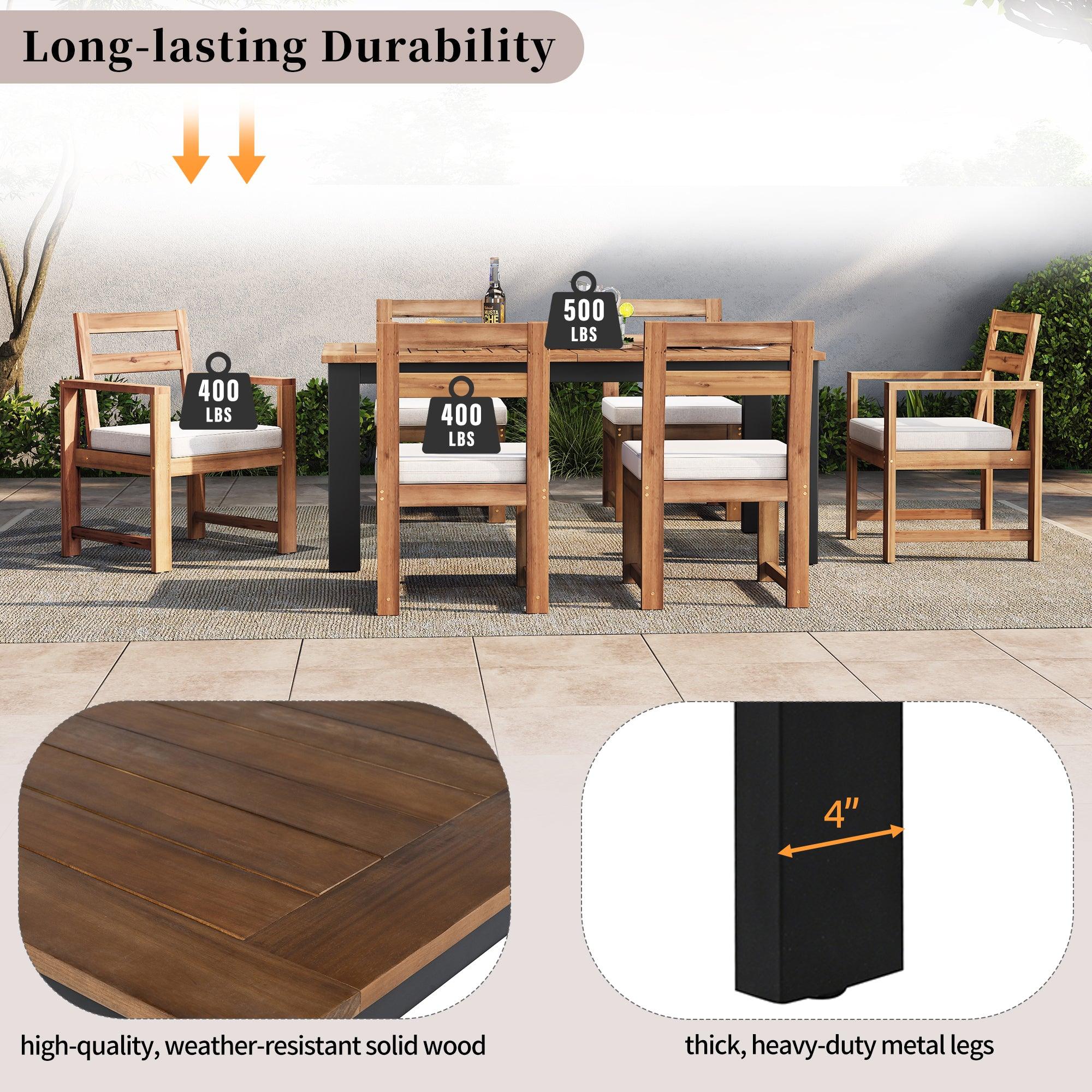 7-Piece Outdoor Patio Dining Set - Wooden Table with Umbrella Hole & 6 Chairs (2 Armchairs + 4 Side Chairs) for Garden, Backyard, Poolside - Perfect for BBQs, Family Gatherings & Outdoor Entertaining