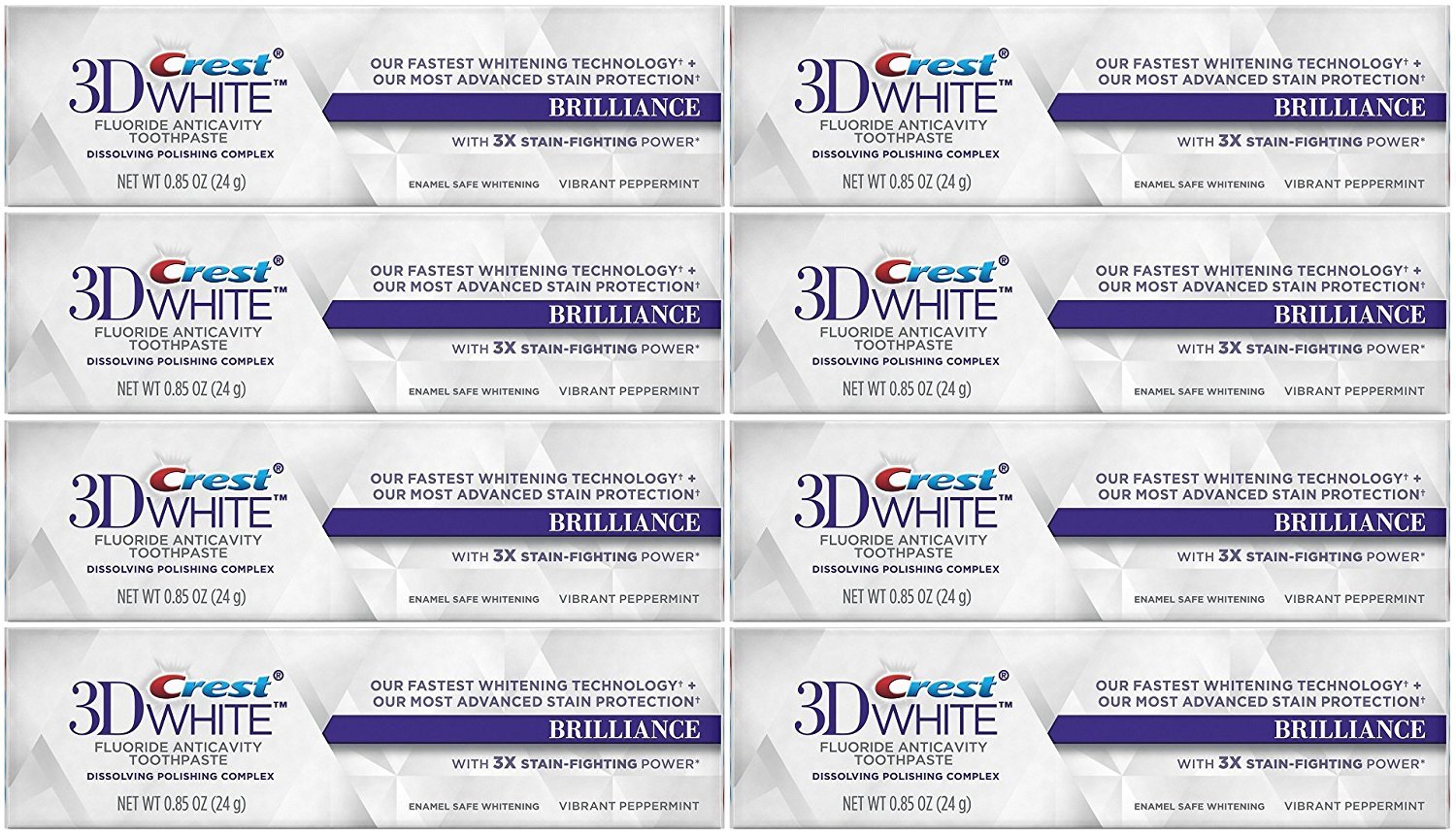 Crest 3D White Brilliance Whitening Toothpaste - Vibrant Peppermint Flavor, Travel Size 0.85 oz (Pack of 8) | TSA Approved for Air Travel | Brightens Teeth & Freshens Breath for Daily Oral Care