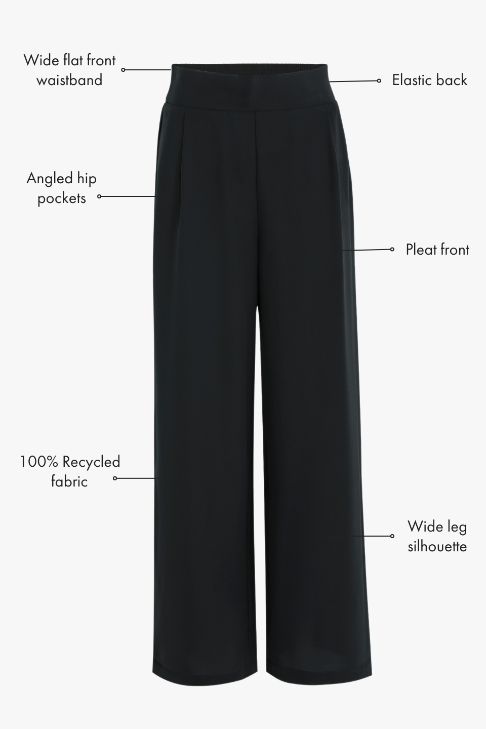 Eco-Friendly Black Stretch Wide Leg Pants - Recycled Fabric High Waist Trousers for Women | Perfect for Office, Casual Wear & Travel