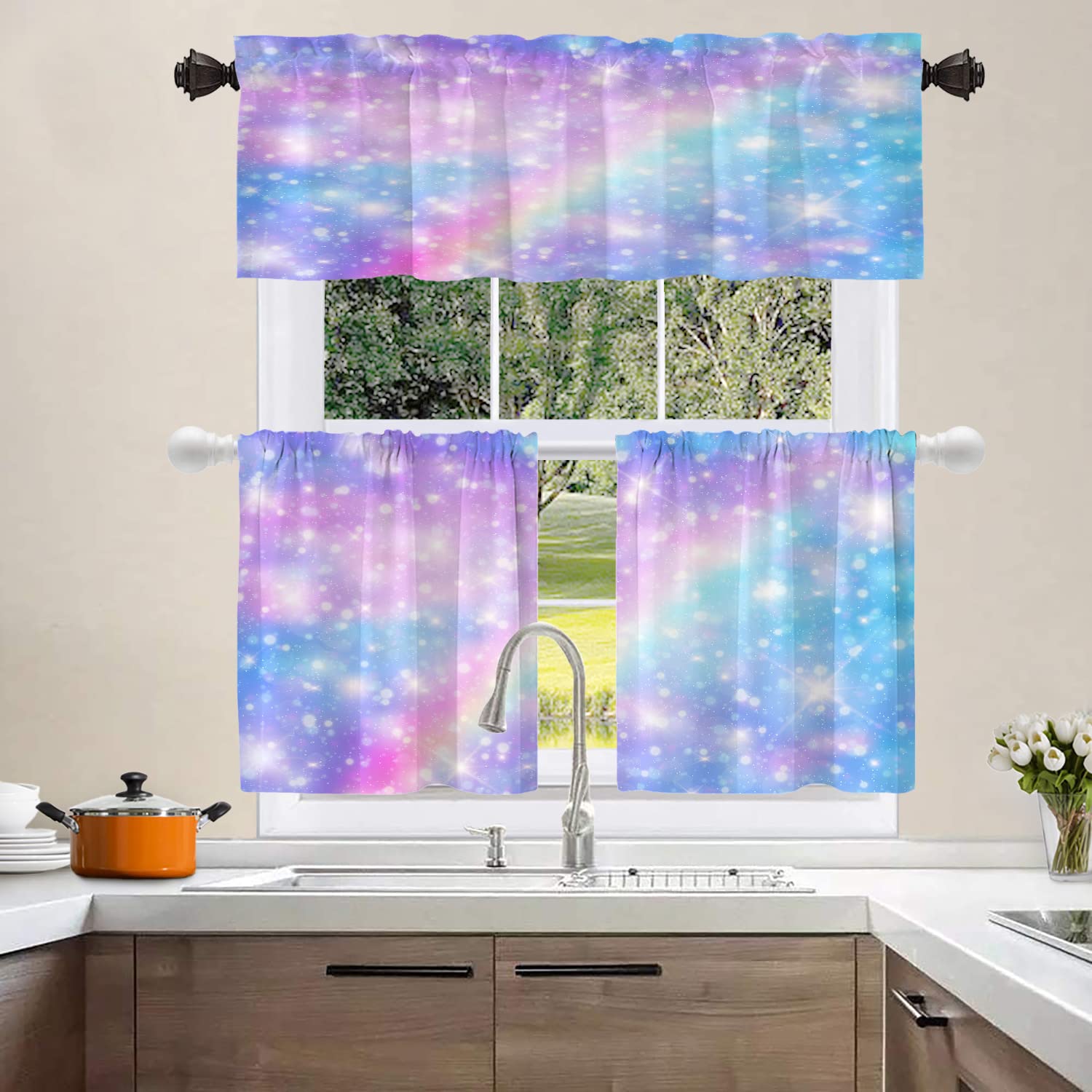 Pastel Rainbow Unicorn & Glitter Stars Kitchen Valance - 52x18 Inch Galaxy Fantasy Window Curtain (Set of 2) for Kitchen Decor - Perfect for Cozy Breakfast Nooks & Whimsical Dining Areas