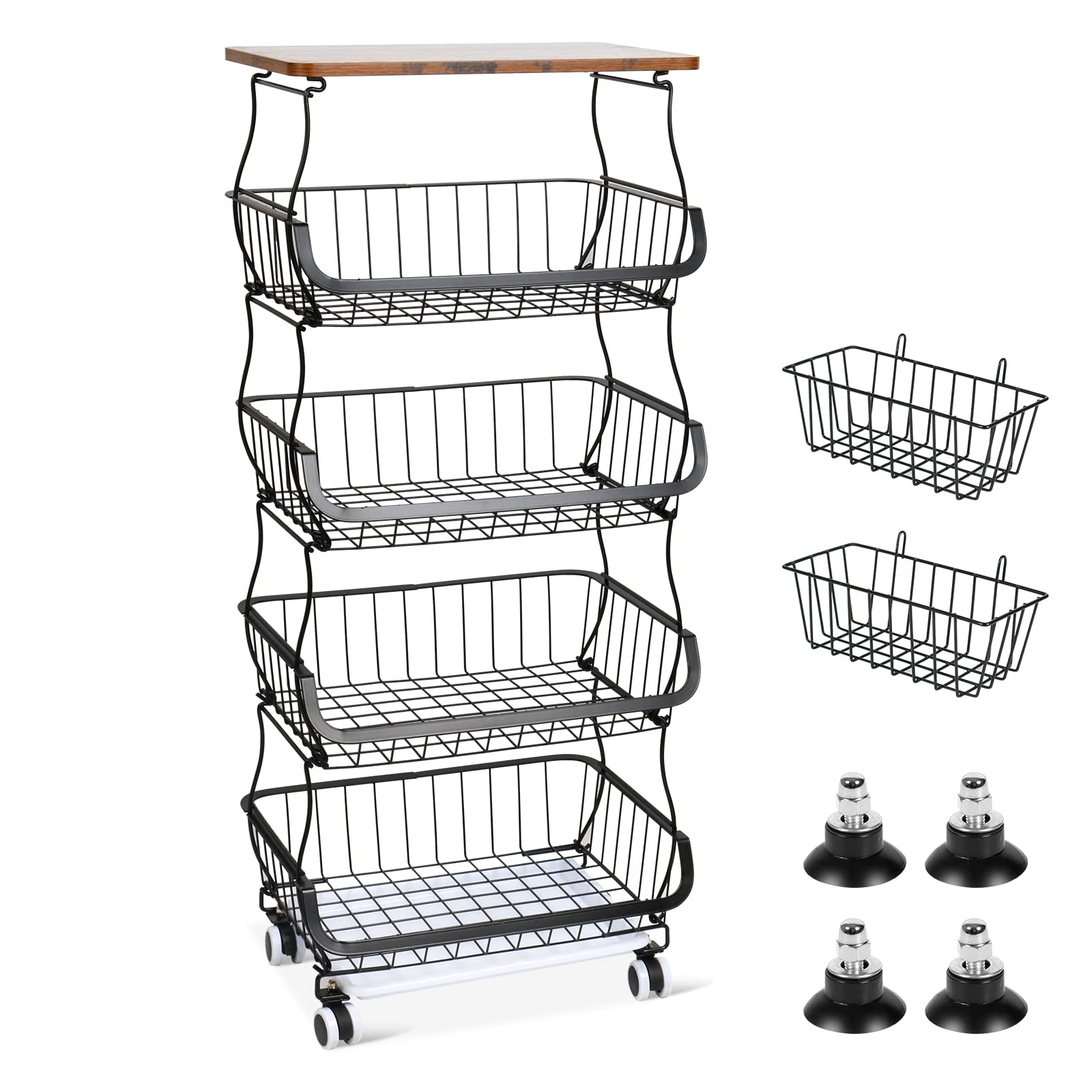 5-Tier Stackable Heavy Duty Wire Rolling Cart for Kitchen & Bathroom - Fruit & Vegetable Storage Basket Organizer with 2 Free Hanging Baskets | Perfect for Pantry Organization, Countertop Display & Small Space Storage