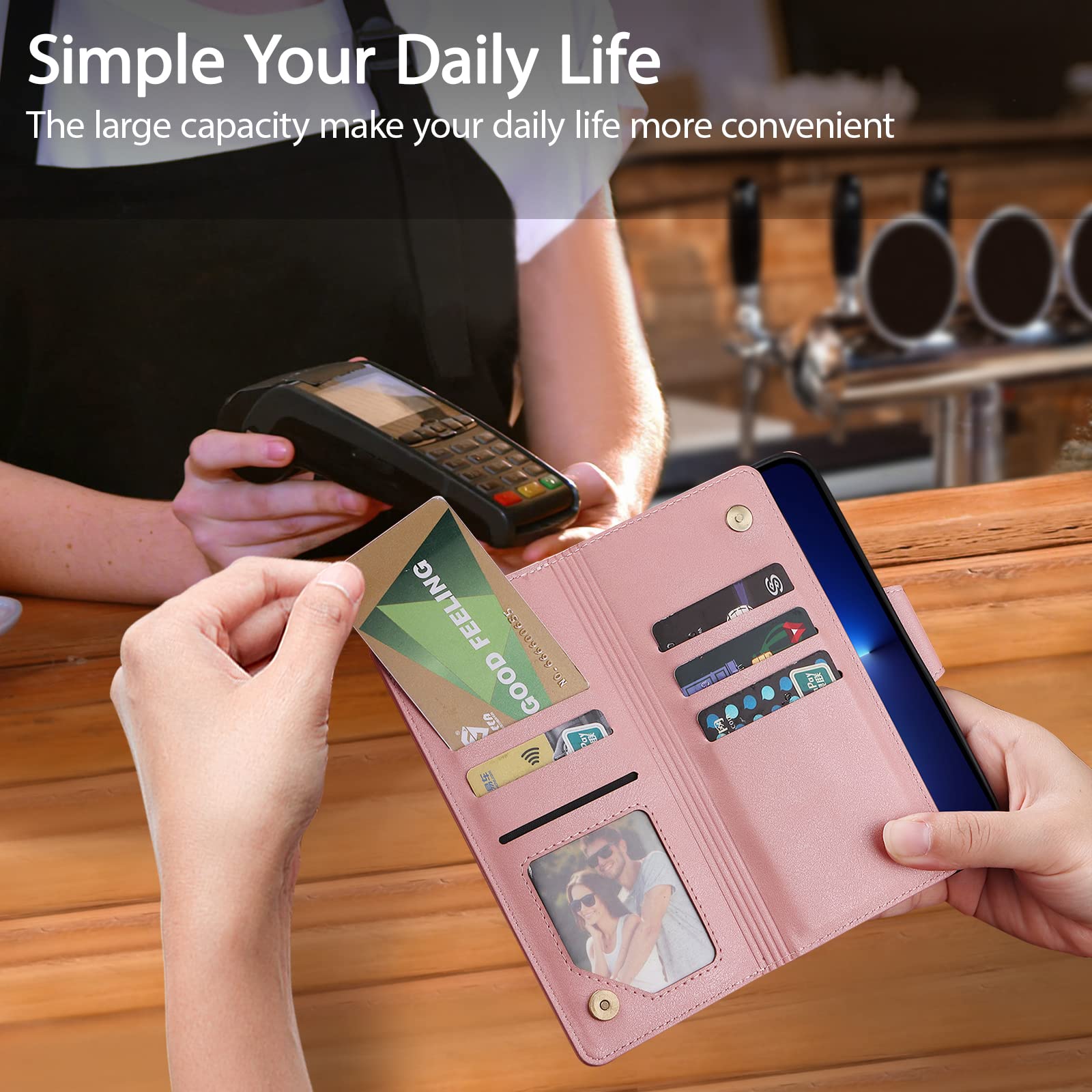Premium PU Leather Wallet Case for iPhone 13 (6.1 Inch) with Card Slots, Magnetic Closure & Kickstand - Shockproof Flip Cover with Wrist Strap - Perfect for Daily Use, Travel & Hands-Free Viewing (Pink)