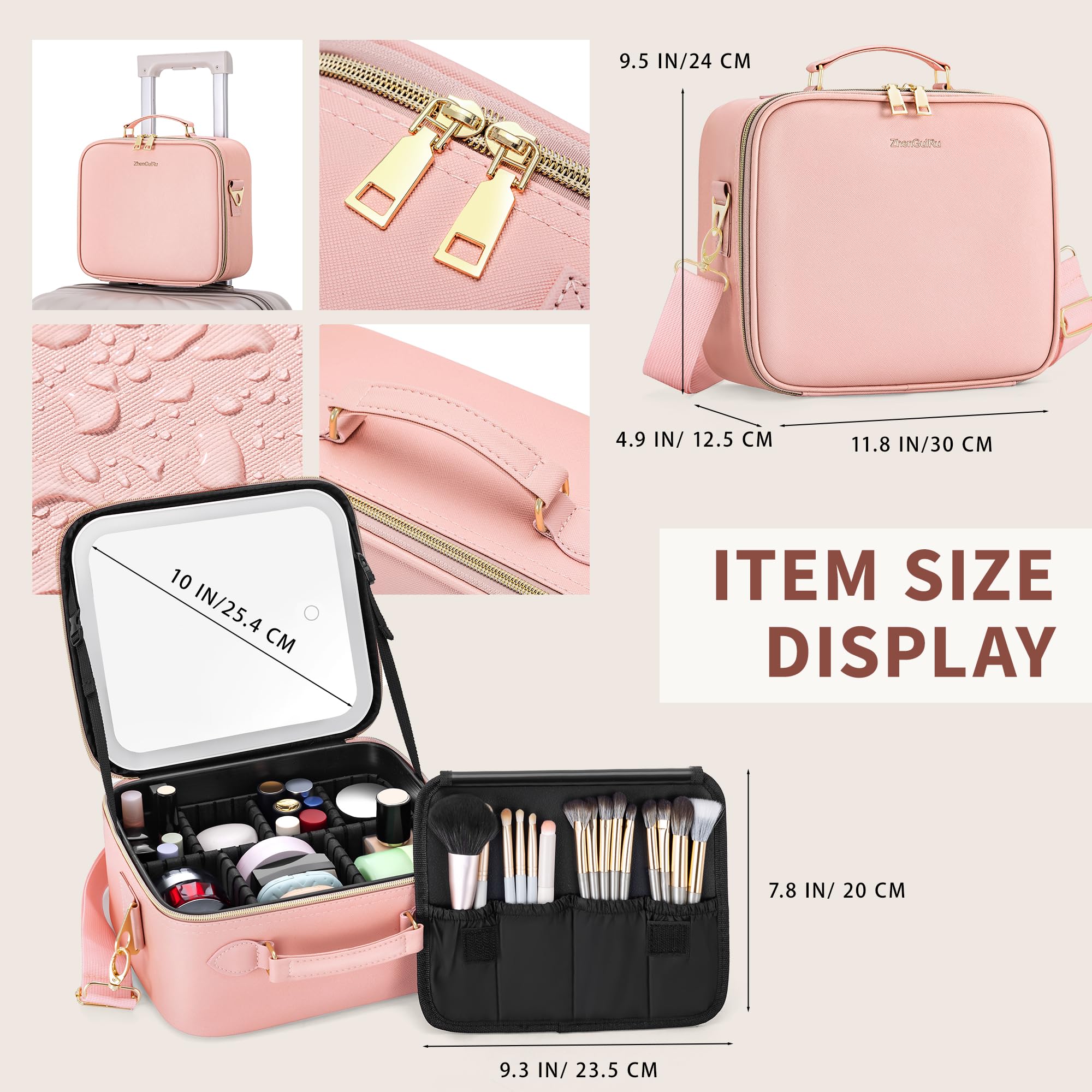 LED Makeup Bag with Mirror - Portable Travel Cosmetic Organizer Case with Lighted Mirror & Brush Holder - Black Makeup Storage Pouch for Women | Perfect for Travel, Home Vanity & Professional Makeup Artists