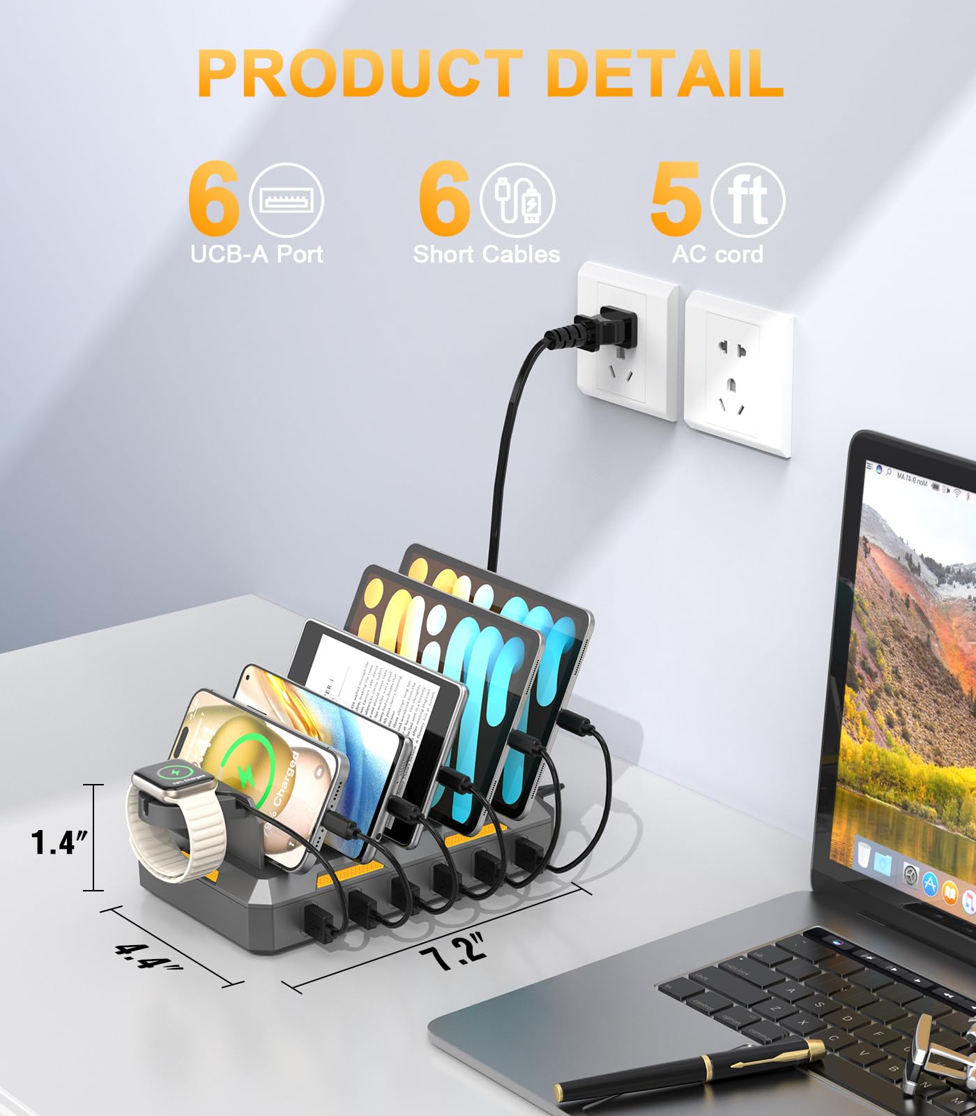 50W USB Multi Charging Station for iPhone, iPad, Android - 6-in-1 Fast Charger with Mixed Cables for Smartphones, Tablets, Kindle | Space Gray | Perfect for Home, Office & Travel