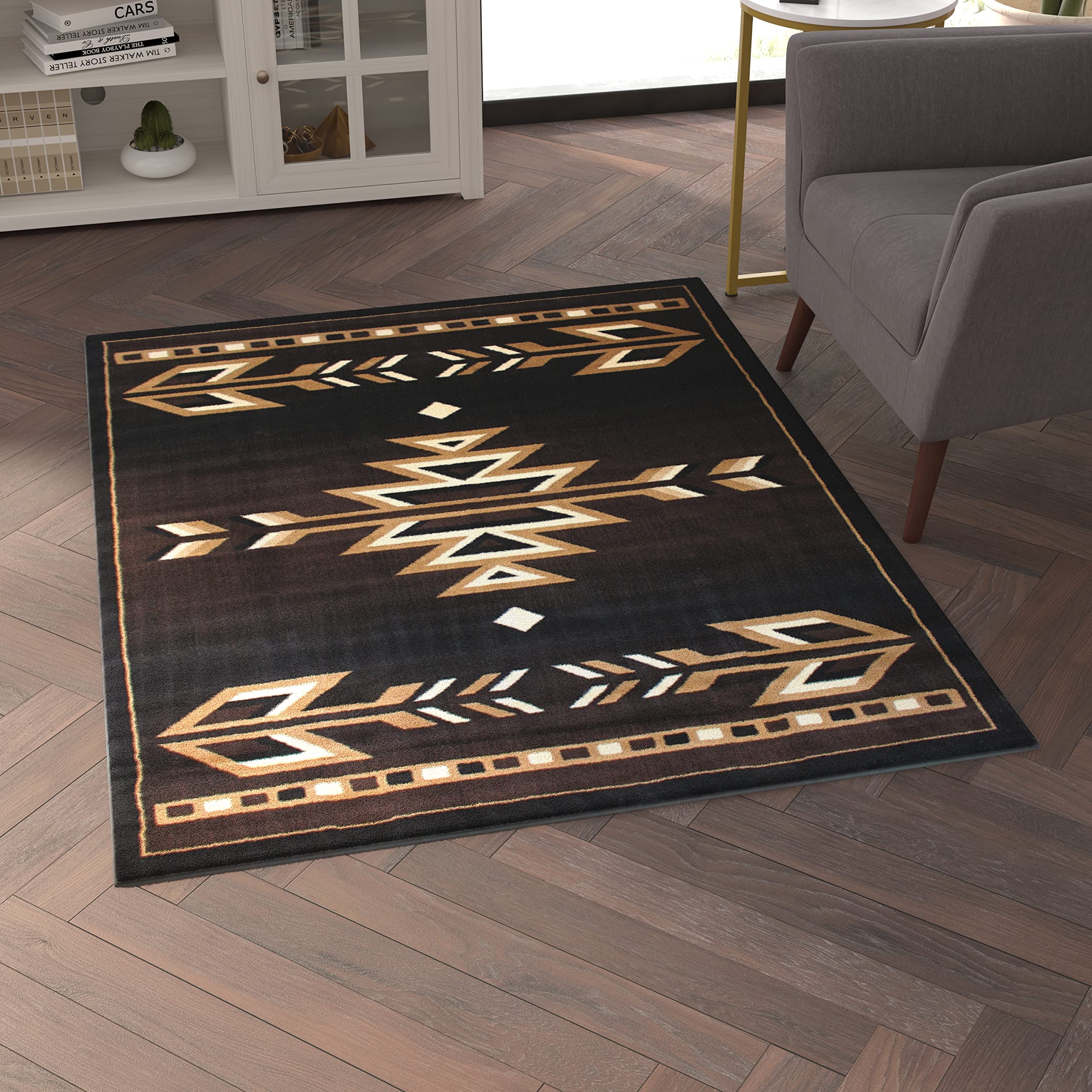 EMMA + OLIVER Southwestern Geometric Arrow Accent Rug - 4'x5' Brown Olefin Area Rug with Jute Backing | Stain & Moisture Resistant, Non-Shedding | Perfect for Living Room, Bedroom, or Entryway Decor