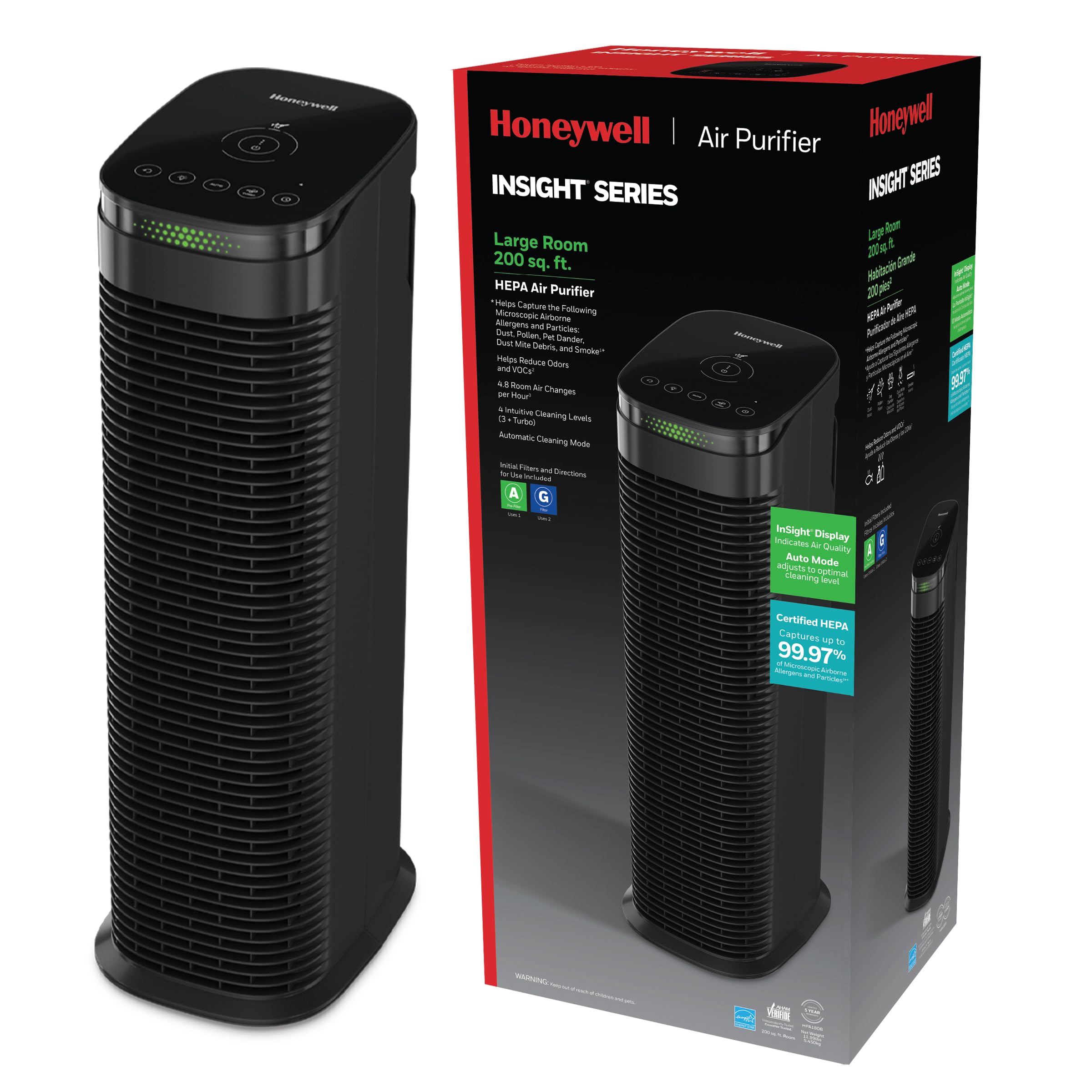Honeywell InSight HEPA Air Purifier for Large Rooms up to 200 sq ft - Smart Air Quality Sensor, Auto Mode, Allergen & Dust Reduction - Ideal for Bedrooms, Living Rooms, Home Offices - Black HPA180B