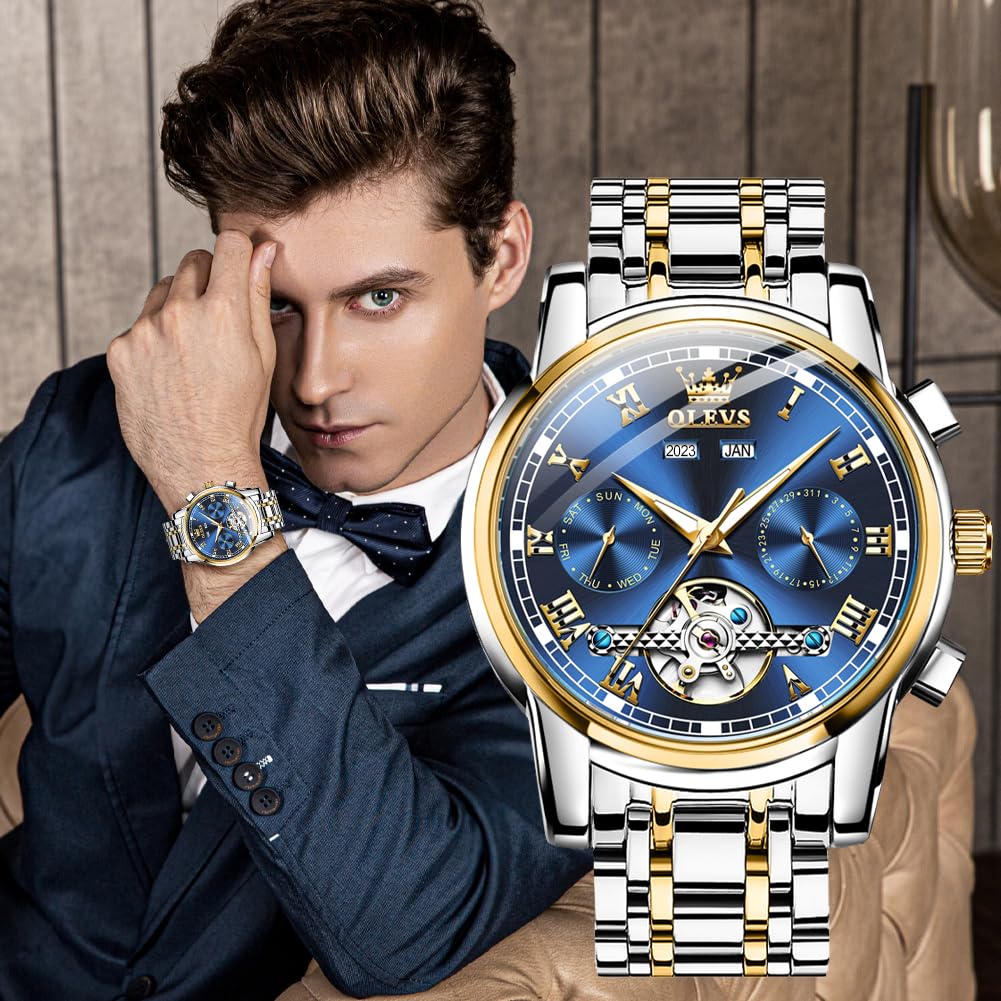 OLEVS Men's Self-Winding Automatic Tourbillon Watch - Luxury Mechanical Dress Watch with Stainless Steel Band, Luminous Hands, Waterproof - Perfect for Business, Formal Events & Gifts