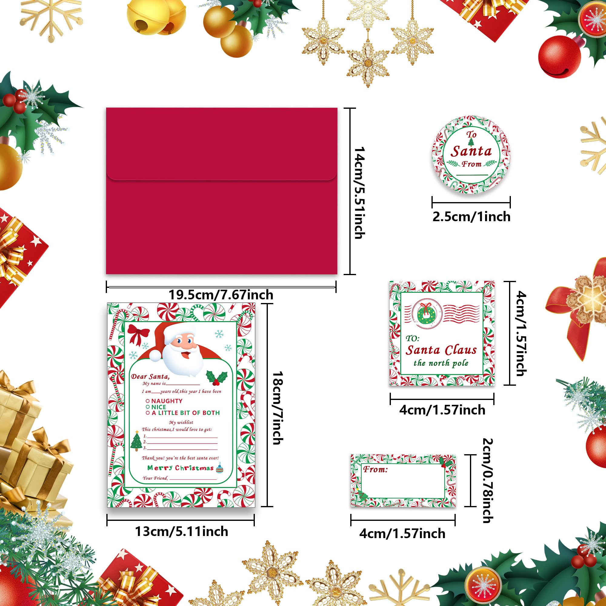 Watayo 40 PCS Official Letter to Santa Kit - 8 Christmas Fill-in-the-Blank Cards with Red Envelopes & Stickers - 5