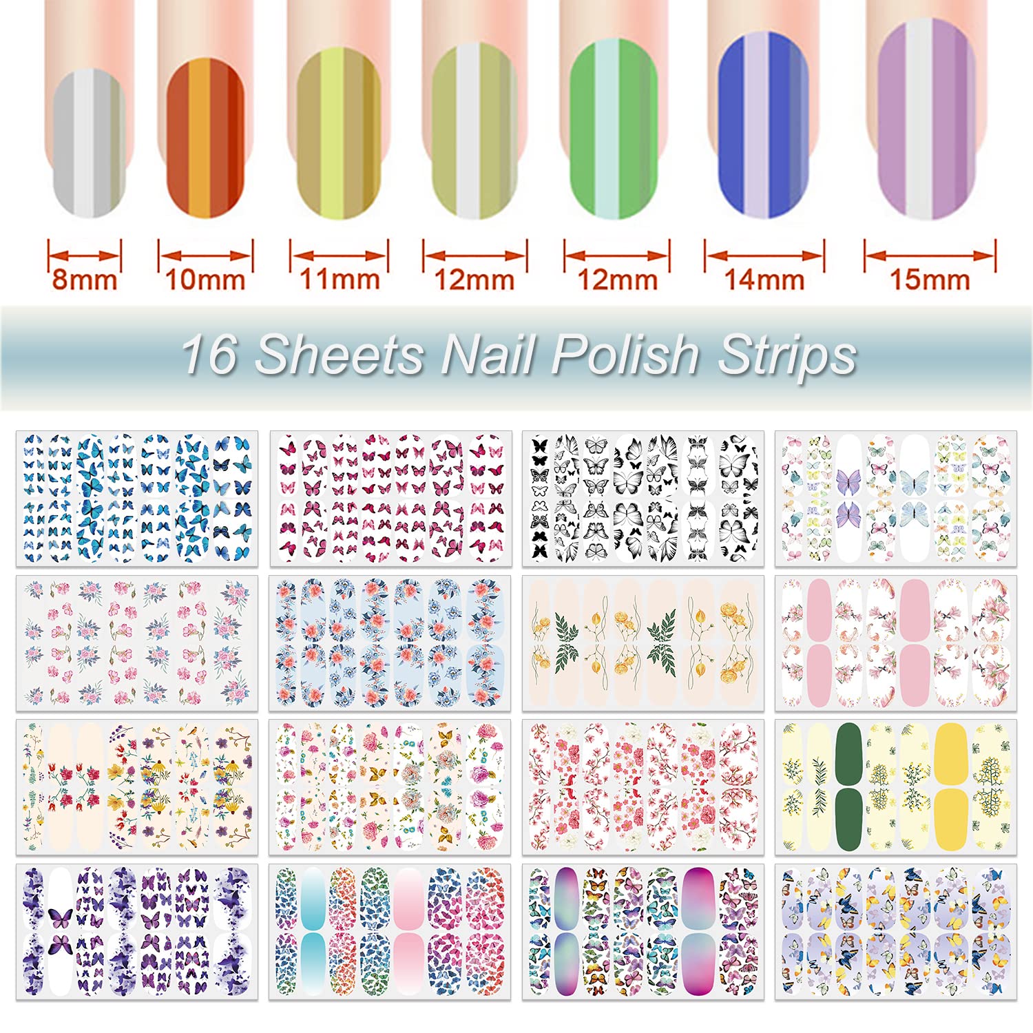 DANNEASY 16 Sheets Nail Wraps - Butterfly Flower Nail Polish Strips for Women | Self-Adhesive Manicure Stickers with Nail File & Cuticle Stick (Chic Style) | Perfect for Parties, Weddings & Everyday Nail Art