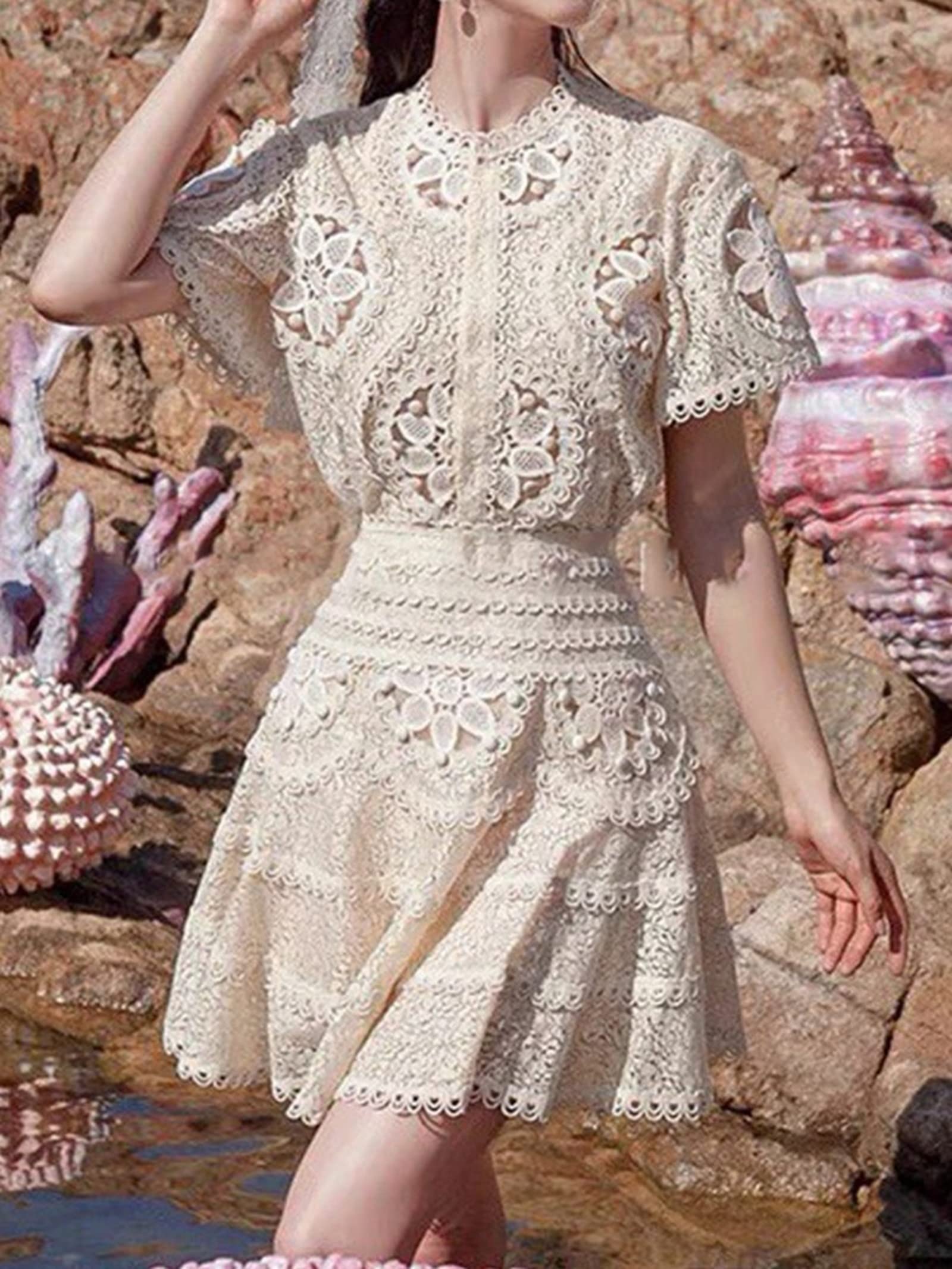 Women's Vintage Floral Embroidery Lace Dress Set - Summer Puff Sleeve Bodycon Mini Dress in Apricot | Perfect for Beach Vacations, Date Nights & Summer Parties