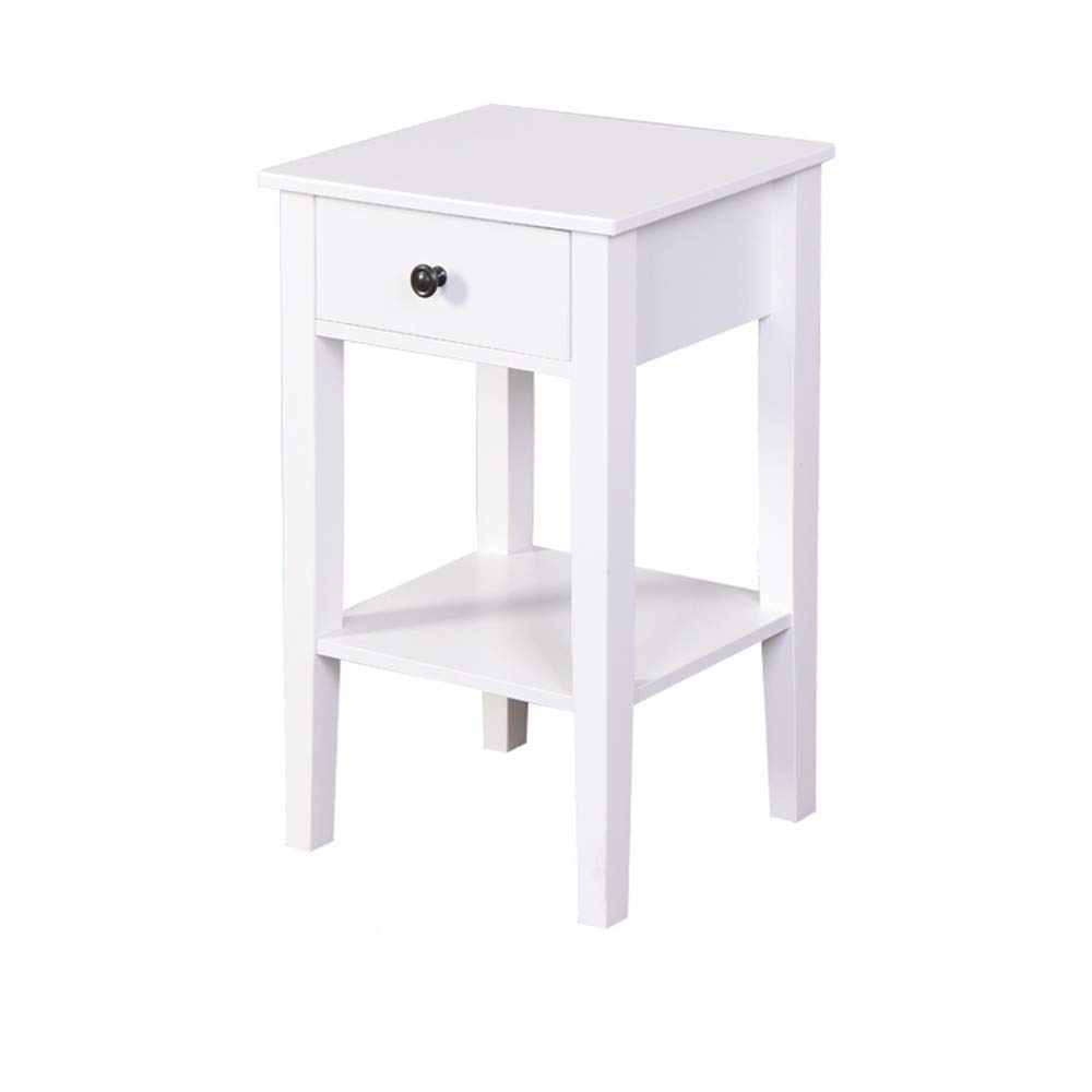 Modern White Side End Table with Drawer - 2-Tier Bedside Nightstand, Coffee Table & Sofa Side Table - 16.3”L x 12.6”W x 25.6”H - Perfect for Bedroom, Living Room & Small Spaces