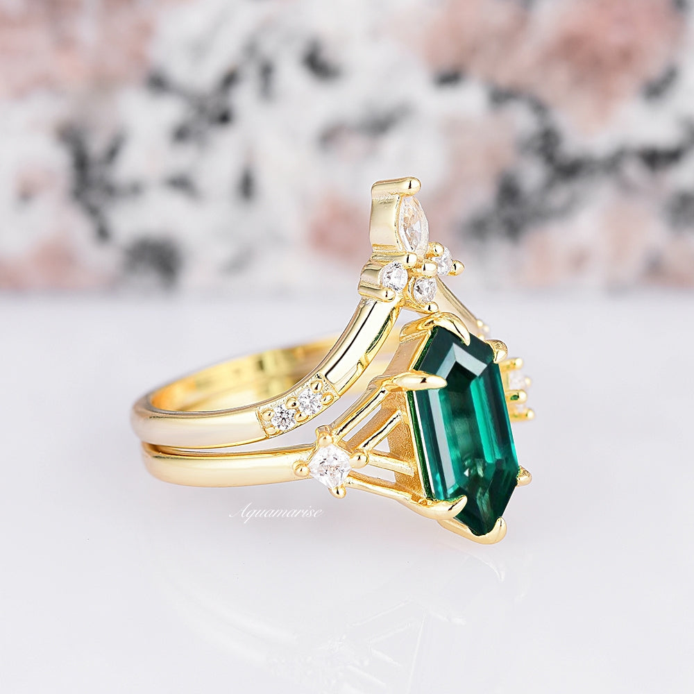 Celtic Hexagon Emerald Ring Set - 14K Solid Yellow Gold Wedding Band, Engagement Ring for Women, Anniversary Gift, Irish Jewelry for Everyday Wear