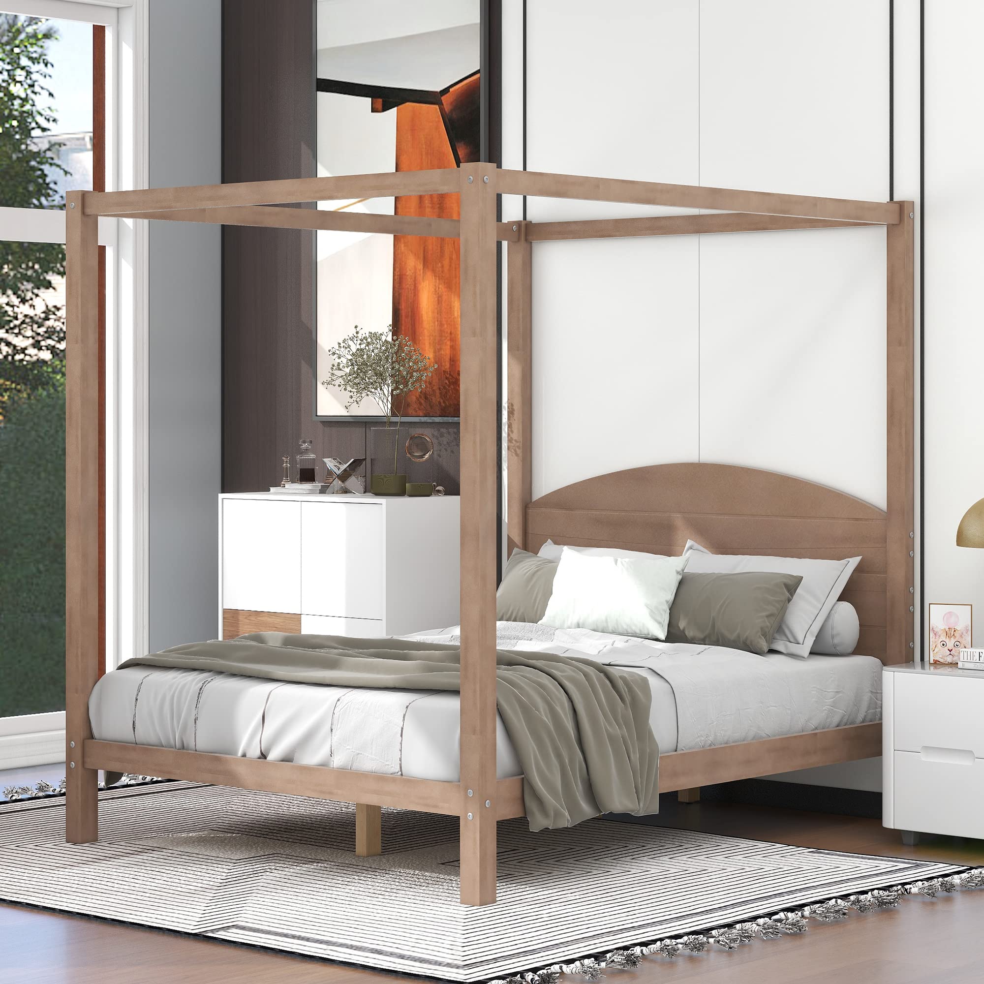 P PURLOVE Queen Size Wood Canopy Bed Frame with Headboard & Slat Support - Sturdy Four-Poster Platform Bed for Kids & Teens - Perfect for Bedroom, Dorm Room, and Guest Room Decor