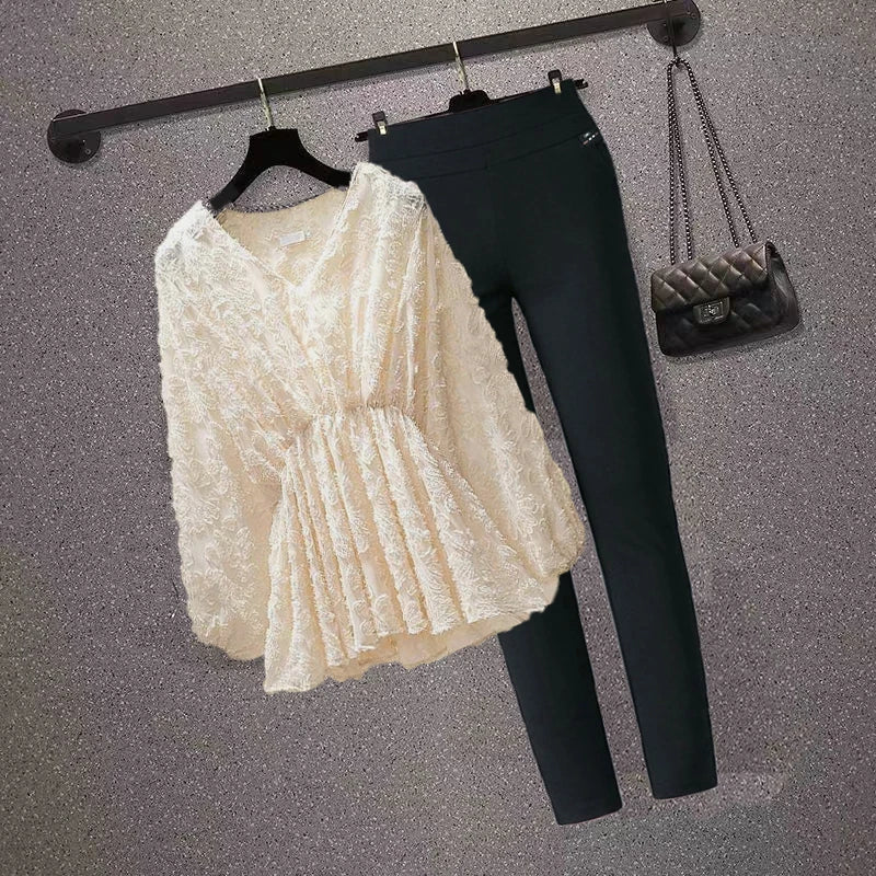 Elegant Lantern V-Neck Elastic Waist Top & Flocking Sleeve Blouse with Ankle-Length Pants - Women's Autumn Winter Two-Piece Set for Office, Party & Holiday Outfits