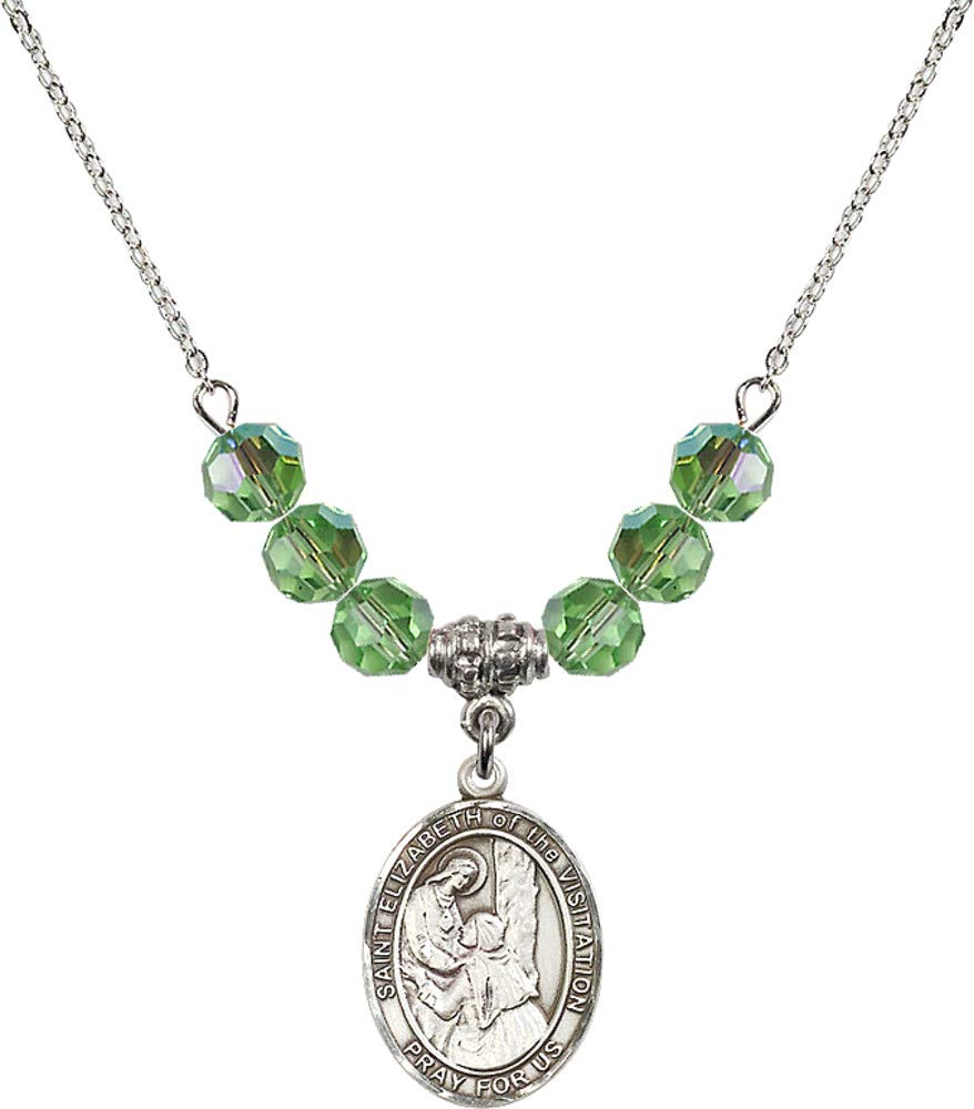 Bonyak 18 Inch Rhodium Plated Green August Birthstone Necklace with 6mm Beads & Saint Elizabeth Pendant - Perfect Gift for August Birthdays, Baptisms, and Religious Occasions