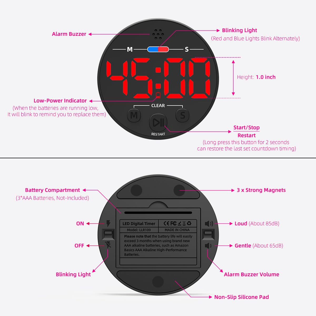 Digital Kitchen Timer with Magnetic Back - Large LED Display & Loud Alarm for Cooking, Classroom, Kids, Work & Productivity - Countdown Timer for Eggs, Focus Tasks, Toddler Activities - Perfect for Baking, Study Sessions & Time Management (Red)