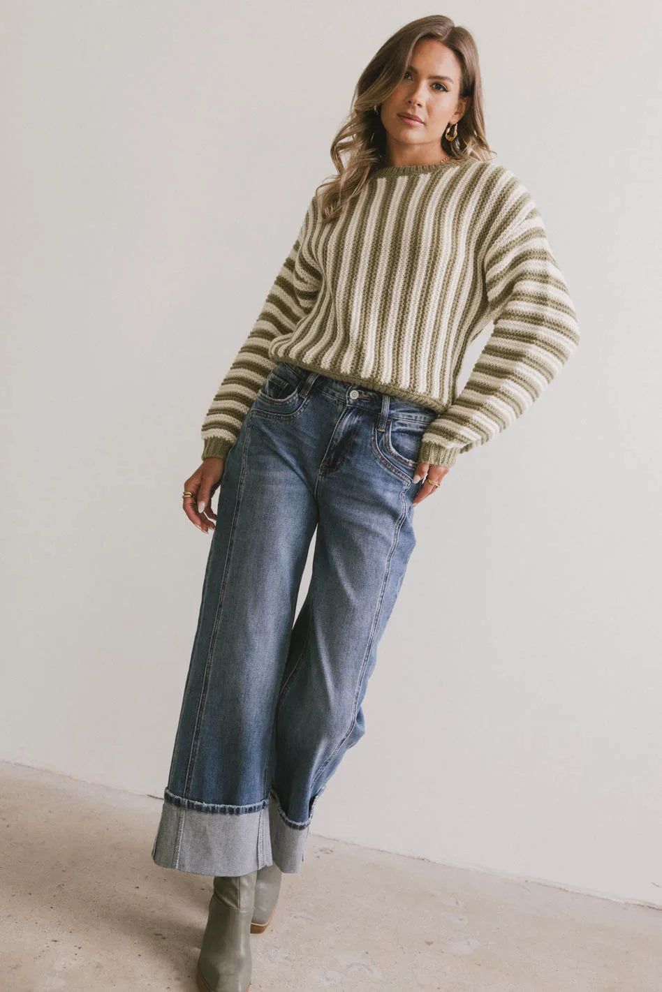 Baila Striped Sweater in Moss Green | Women's Casual Knit Pullover | Cozy Fall & Winter Fashion | Perfect for Office, Dates & Weekend Outings