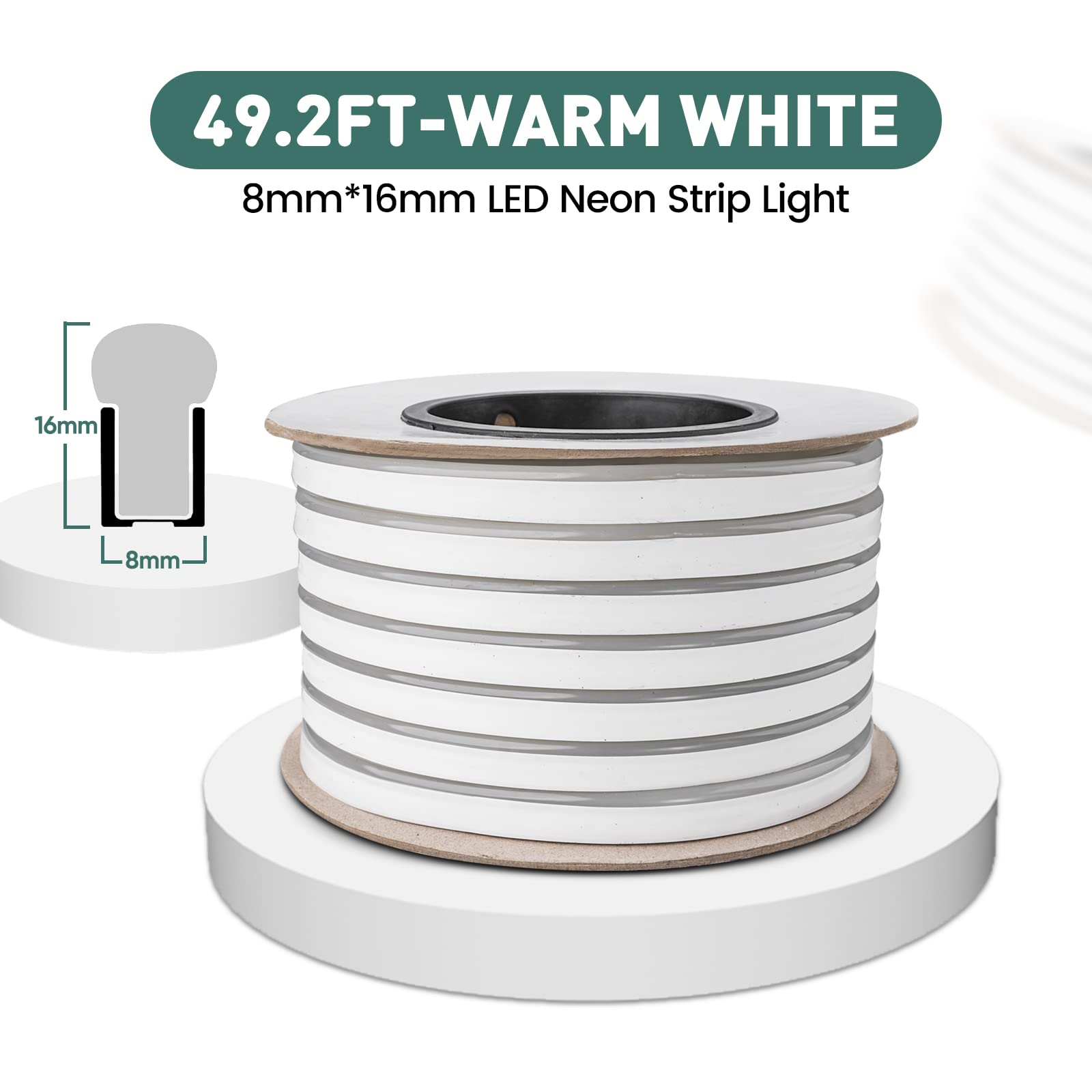 GZBtech 50FT Flexible LED Neon Rope Lights - Waterproof 120V Neon Strip Lighting with 120 LEDs/M (Cuttable & Connectable) - Warm White Indoor/Outdoor Decor for Homes, Bars, Weddings & Commercial Buildings