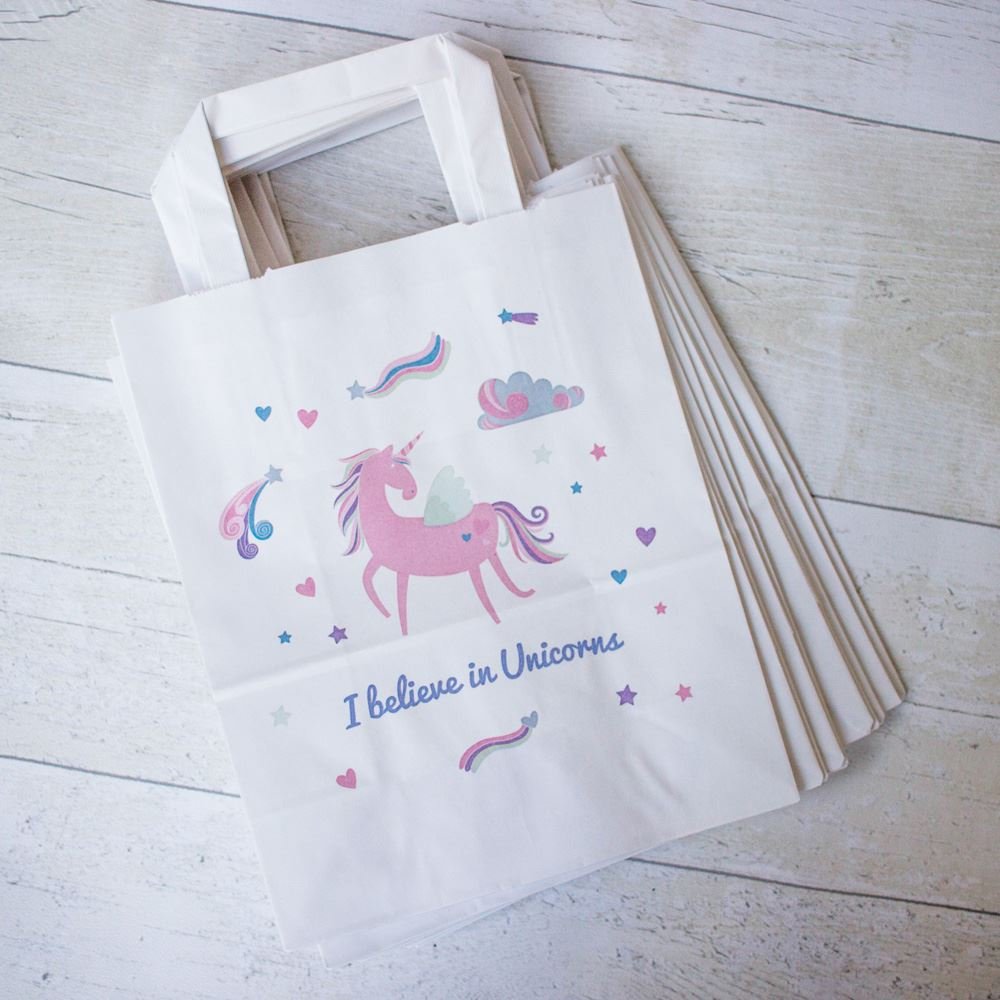 10 Pack White Handled Unicorn Paper Party Gift Bags - I Believe in Unicorns - Perfect for Birthday Parties, Baby Showers & Magical Celebrations