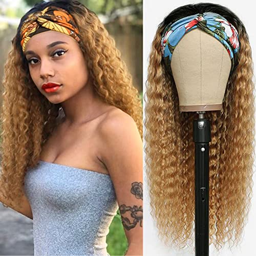 Ombre Headband Wigs for Black Women - 24 Inch Deep Wave Human Hair Wig with Attached Headband, Honey Blonde Natural Real Hair with Dark Roots (150% Density) - Perfect for Daily Wear, Parties & Special Occasions