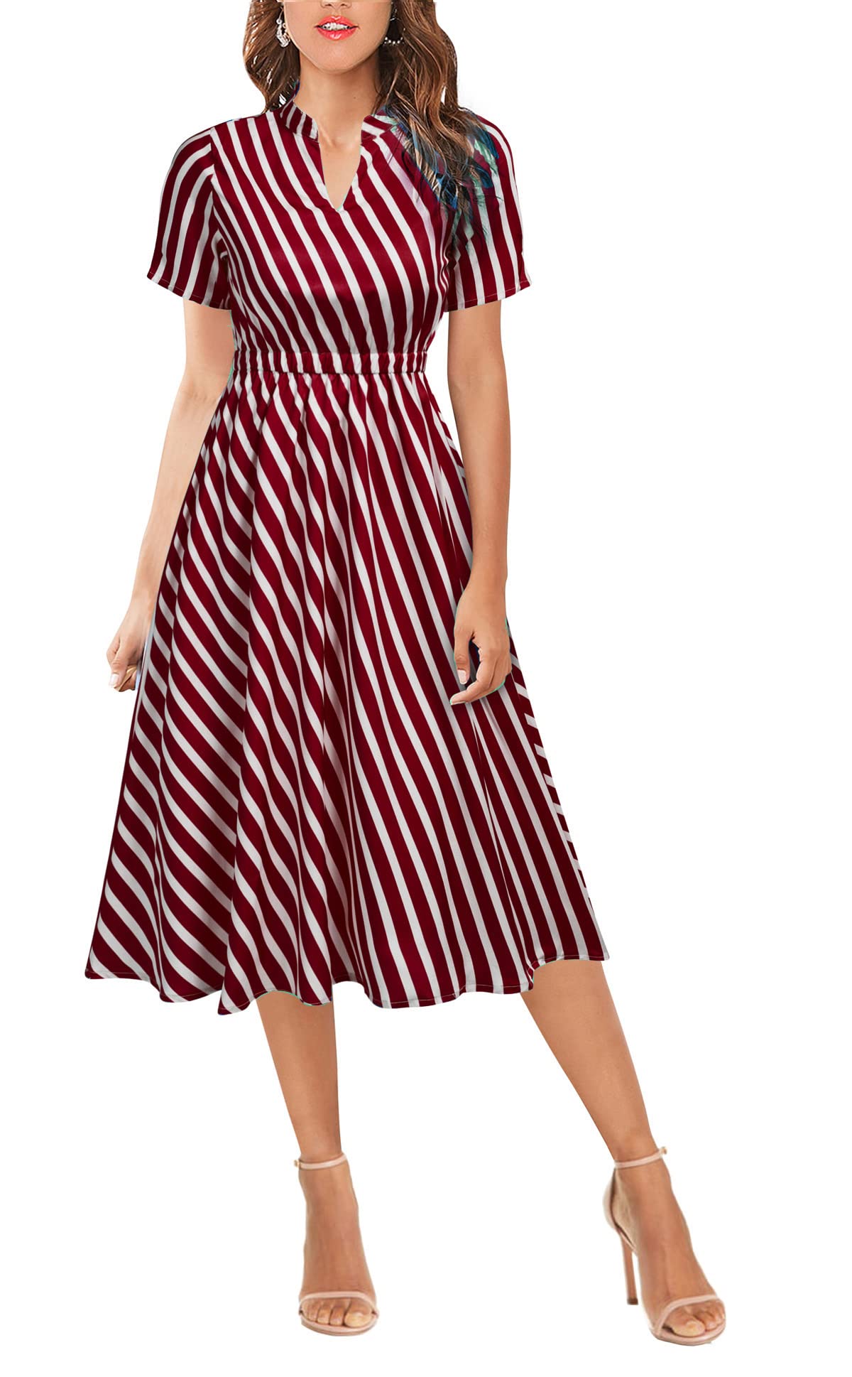 FORTRIC Women's A-Line Striped Chiffon Midi Dress - Summer Casual & Office Work Wear - Perfect for Business Meetings, Brunch Dates & Summer Vacation