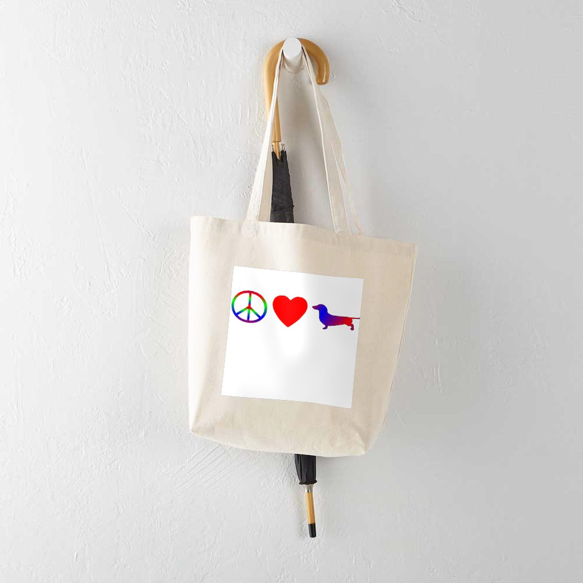 Peace, Love, Dachshund Tote Bag - Natural Canvas Reusable Shopping Bag for Groceries, Beach & Everyday Use | Eco-Friendly Cotton Tote with Dachshund Design