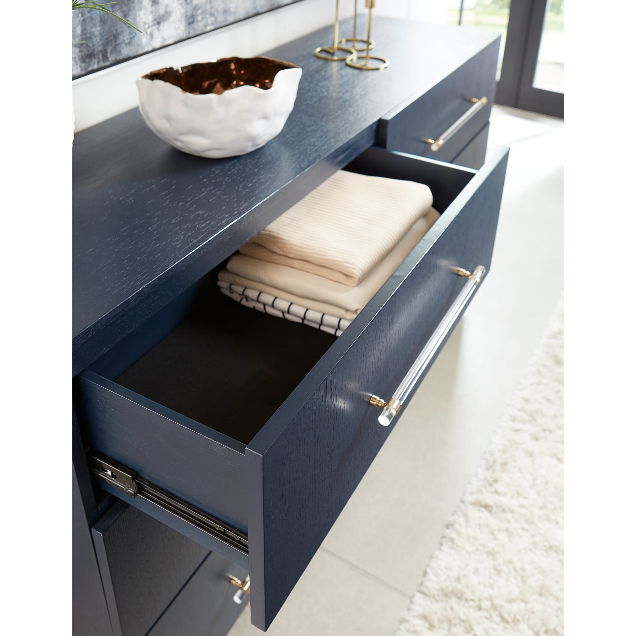 Argento Six Drawer Dresser - Navy Blue & Burnished Brass Finish - Modern Bedroom Dresser with Spacious Storage (2024) | Perfect for Master Bedroom, Guest Room or Nursery Organization