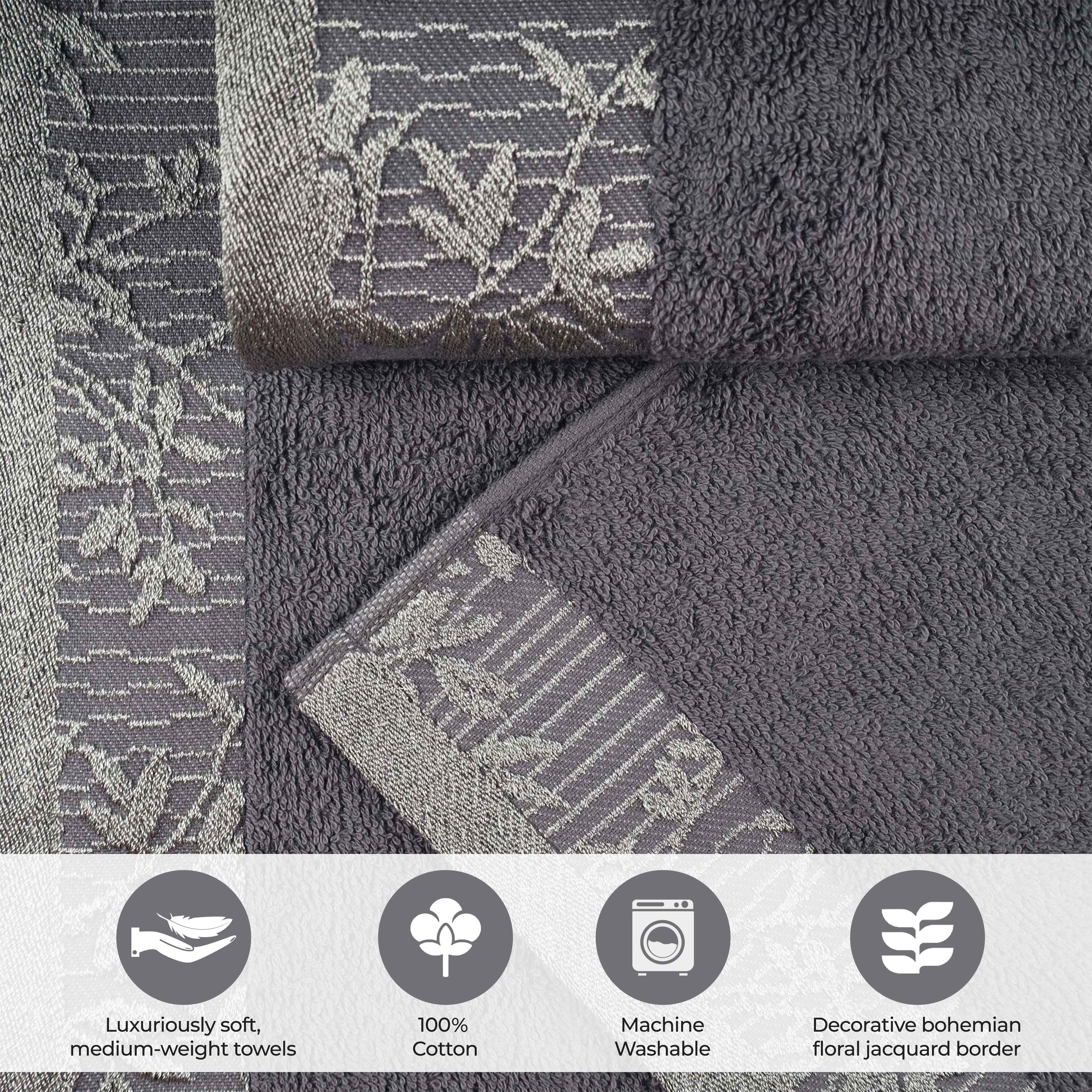 Premium Wisteria Cotton Floral Embroidered Jacquard Border Bath Towel Set of 2 - Soft Absorbent Luxury Towels for Spa, Bathroom & Guest Use