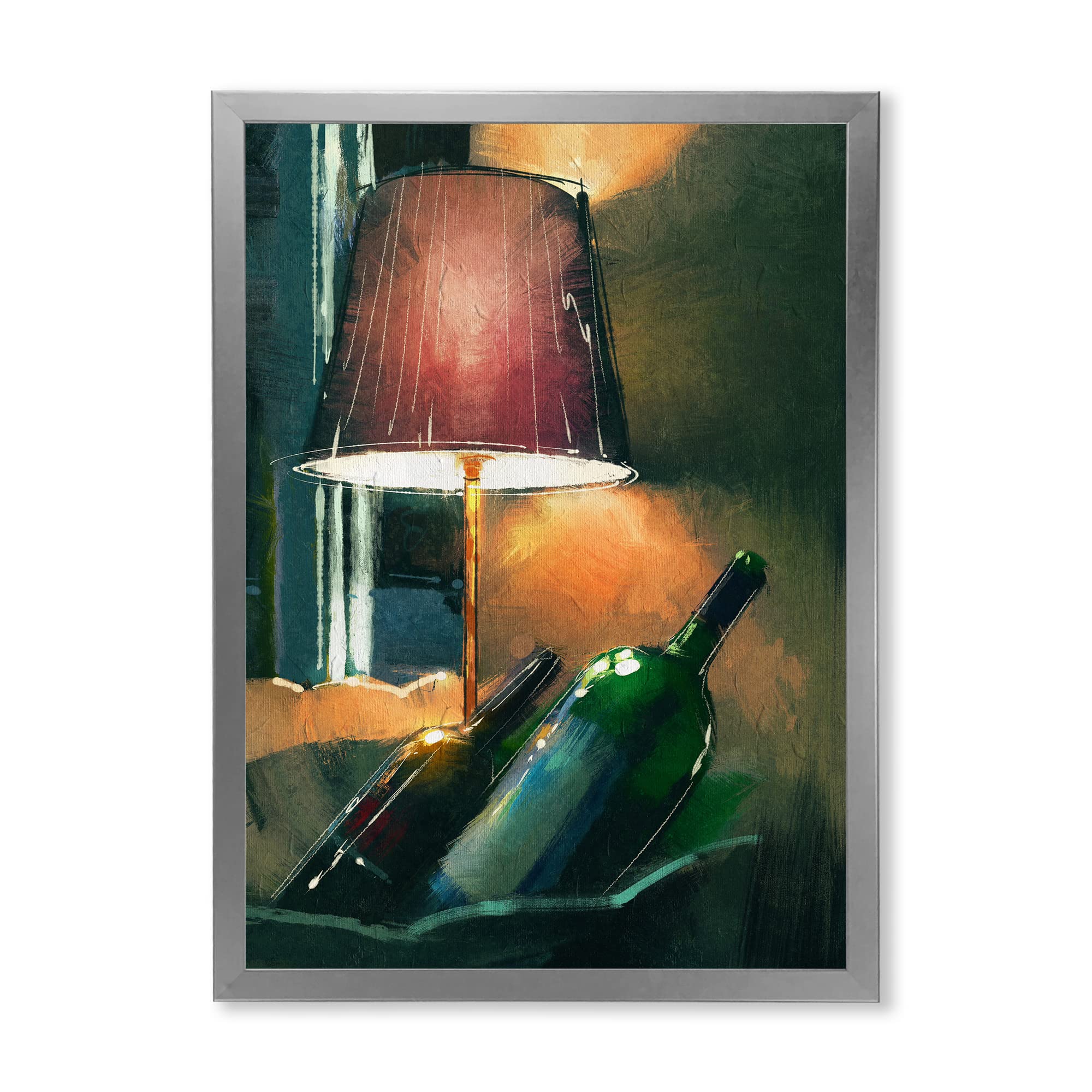 Modern Framed Wall Art - Glowing Orange Wine Bottles & Lamp for Nighttime Decor | Elegant Home Bar & Living Room Accent Lighting